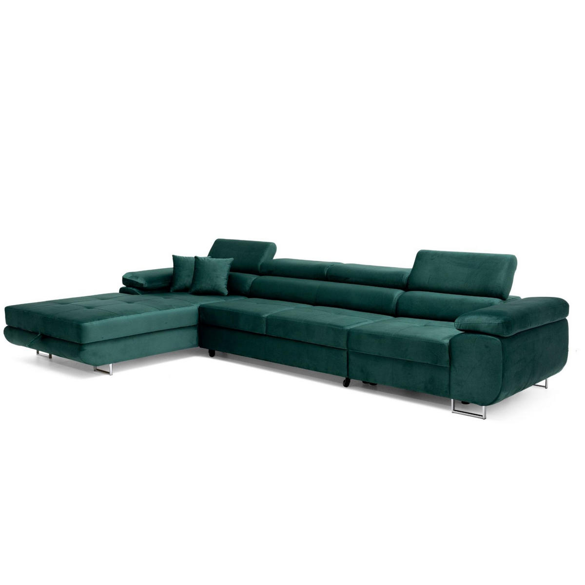 ECKSOFA ALONZO MAXI Links mit Schlaffunktion 125x195 Velours Grün - Silberfarben/Grün, Holz/Textil (350/203cm) - Muffo