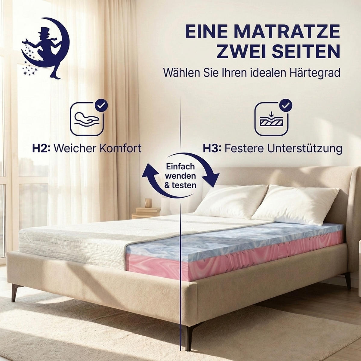 HYBRIDMATRATZE 160x200 cm – 22 cm Höhe – Gelauflage – Kaltschaumkern – H2 H3 – 7 Zonen ergonomisch - Weiß, Textil (160/200cm) - Mister Sandman