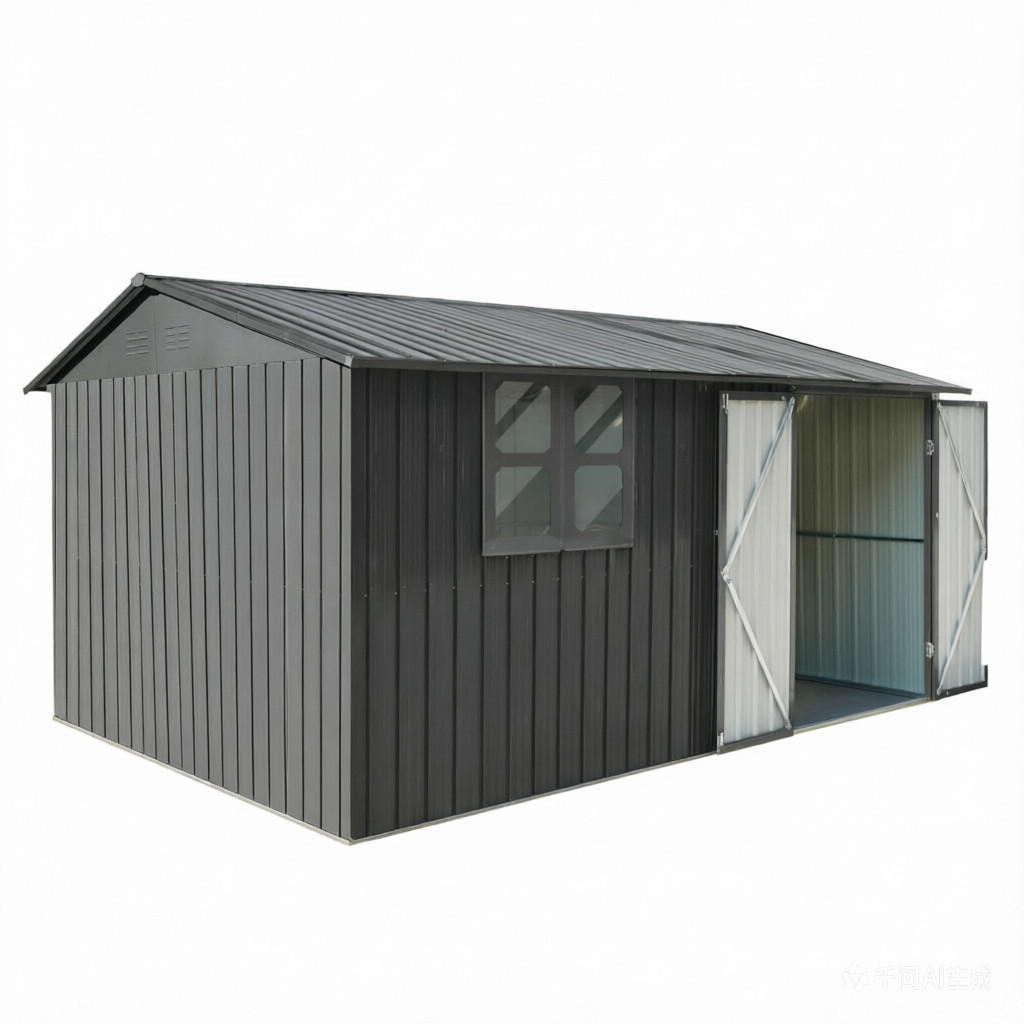 GERÄTEHAUS 374.9/307.8/204.8 cm Grau mit Tür, Schloss, Fenster, klappbarem Tisch und Regalen (10,34m²) - Grau, Metall (307.8/204.8/374.93cm) - Oxeza