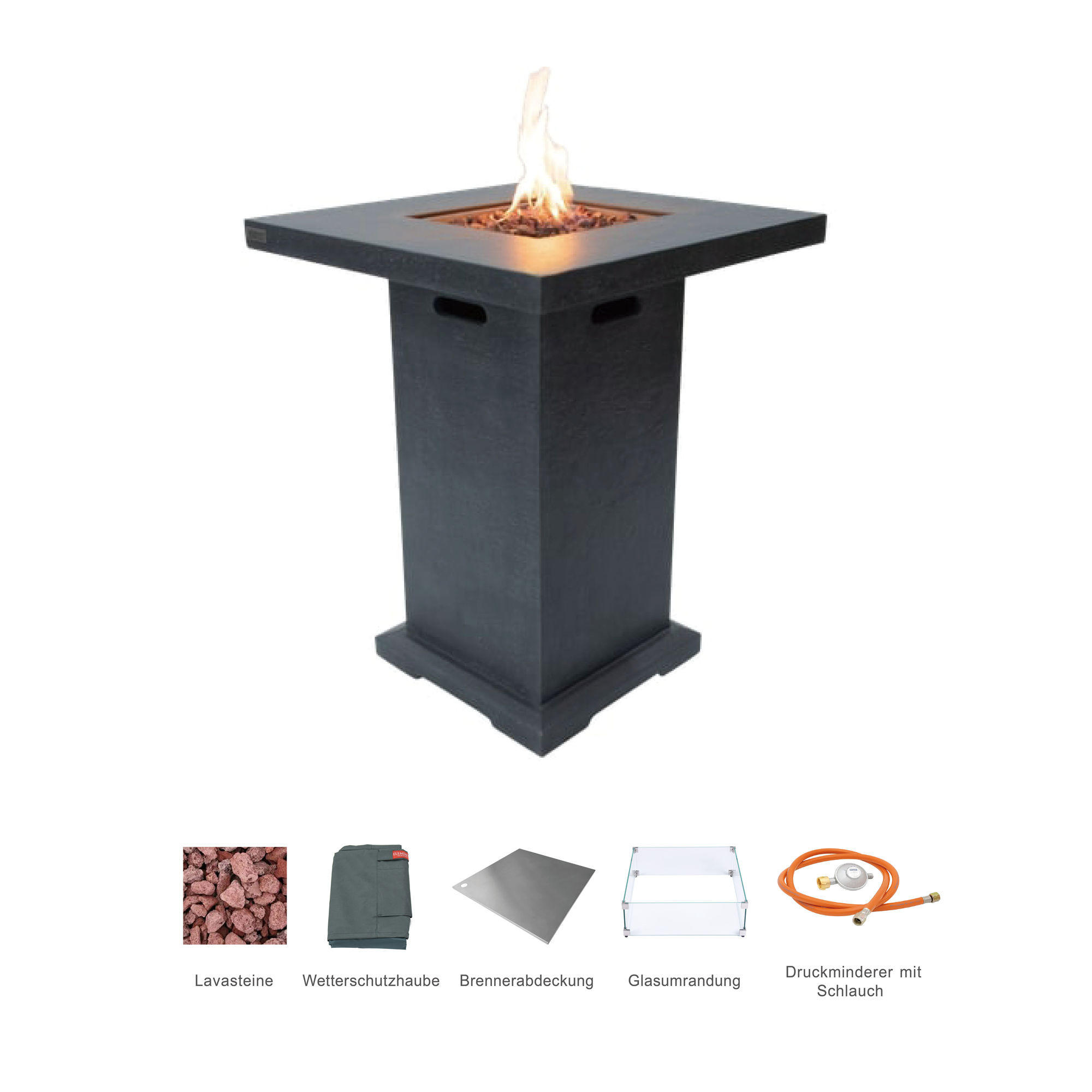 FEUERTISCH MONTREALl Bartische aus GF-Beton - 2-tlg. Set inkl. Glasumrandung - Dunkelgrau, Naturmaterialien (87/106/87cm) - Elementi