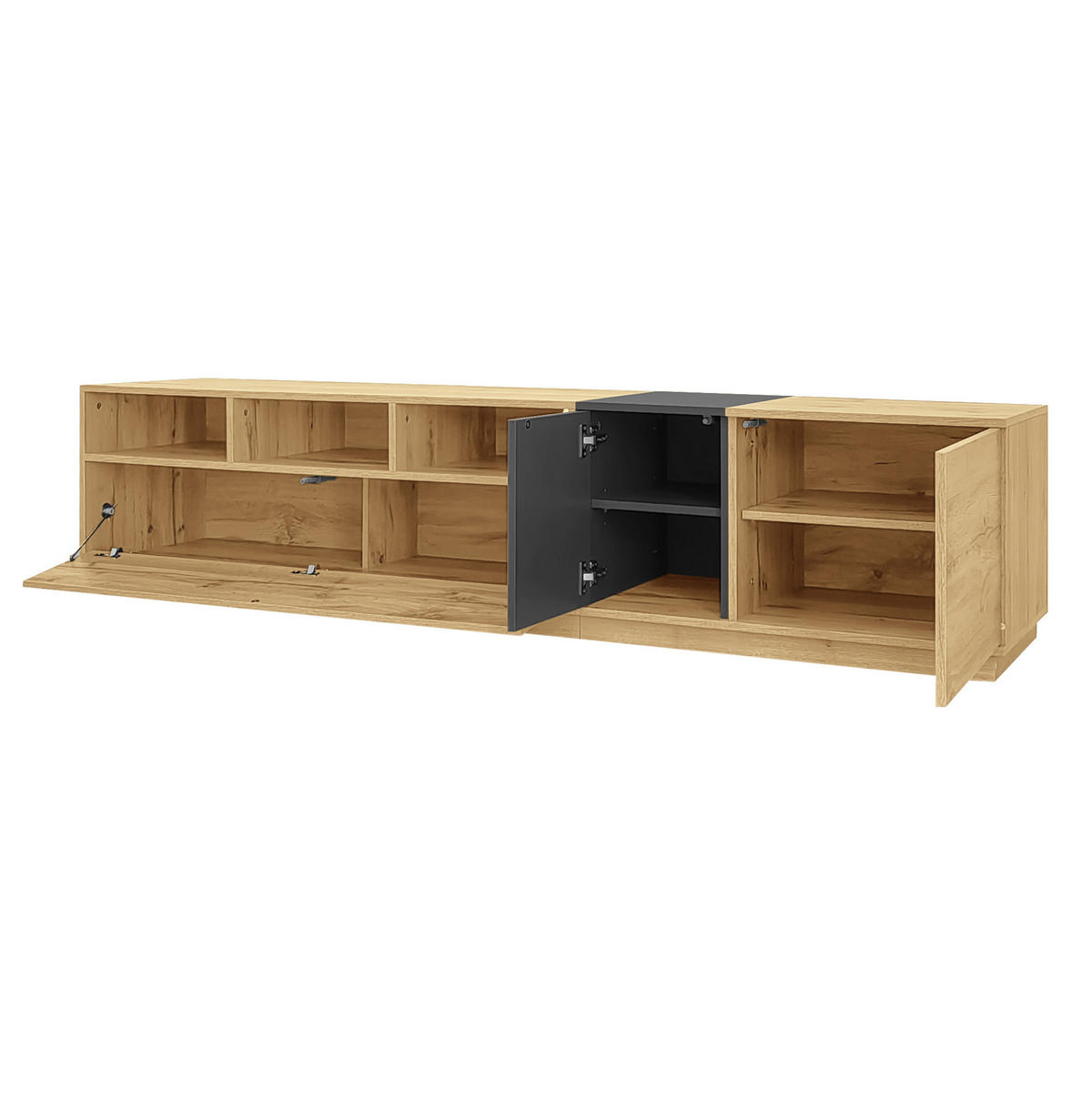 TV-LOWBOARD 200/45/45 cm mit Kabeldurchlass und 3 Türen - Schwarz, Holzwerkstoff (200/45/45cm) - BEAOK