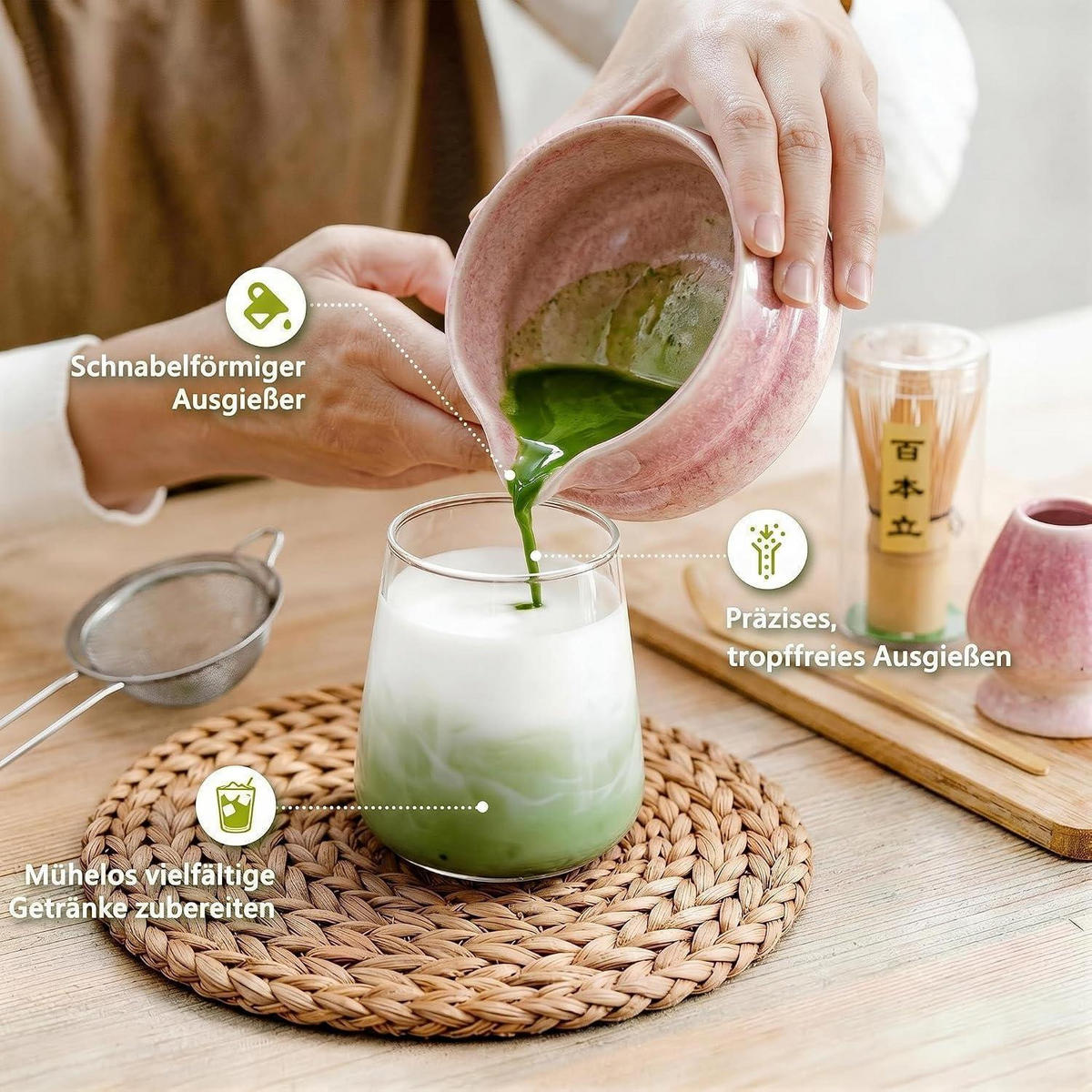 MATCHA Set 8-teilig Keramikschale Bambusbesen Halter Löffel Sieb Tuch Lila Farbverlauf - Lila, Keramik (16/10.8/20.5cm)