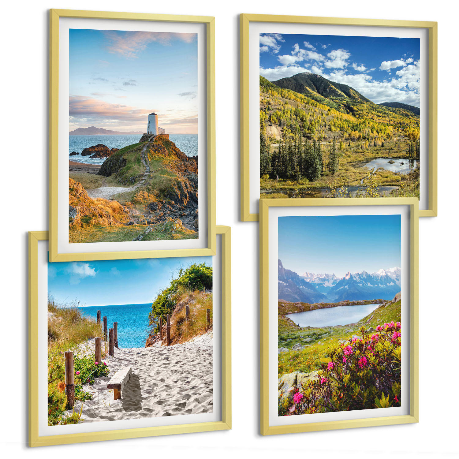 BILDER SET 4er Set - 50x50 cm & 40x60 cm Goldrahmen - Strand, Leuchtturm, Berge, Wiesen, Blumen - Goldfarben, Kunststoff (50/50cm) - TULUP