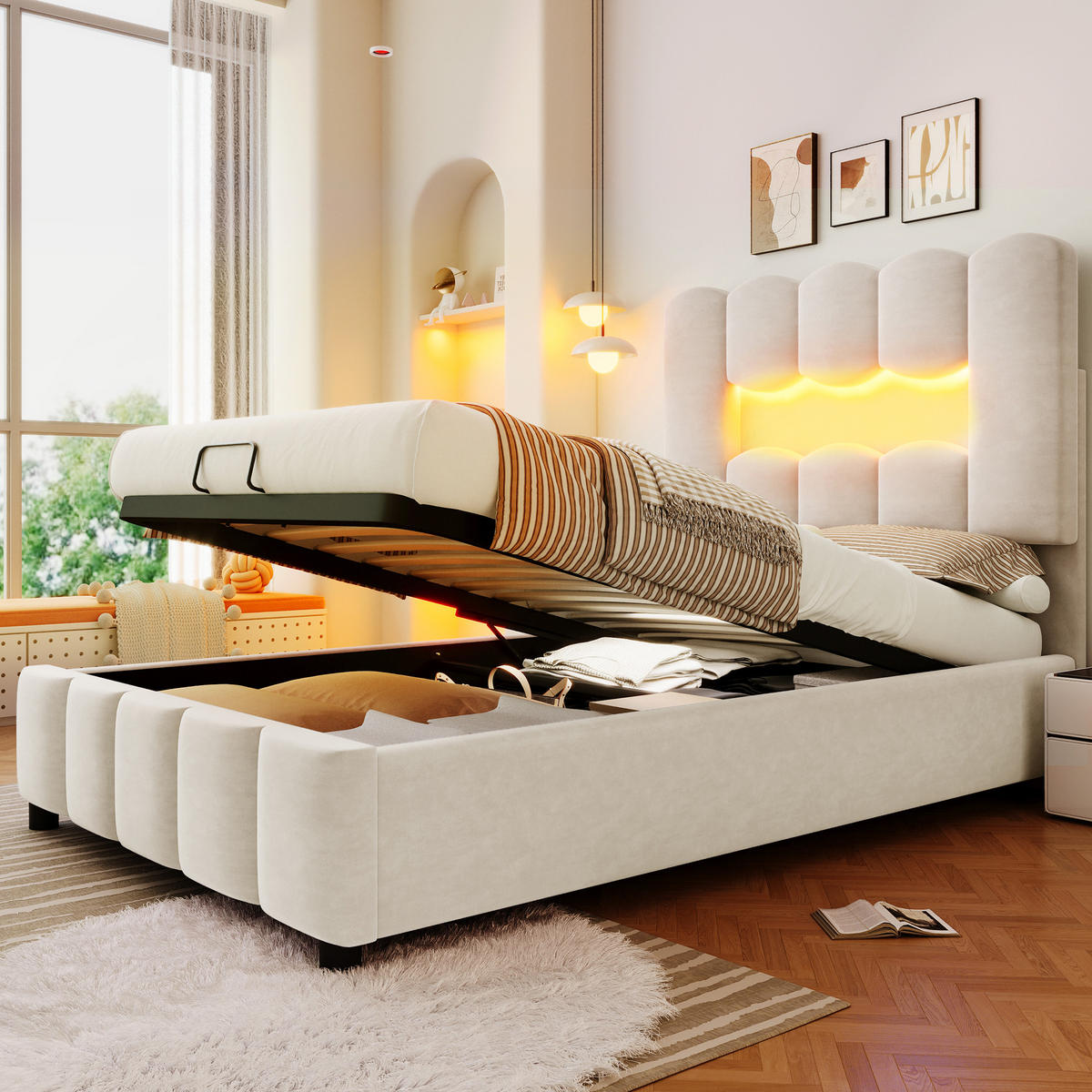 POLSTERBETT 90/200 cm beige aus Samt mit LED und Stauraum - Beige, Textil (90/200cm) - OKWISH