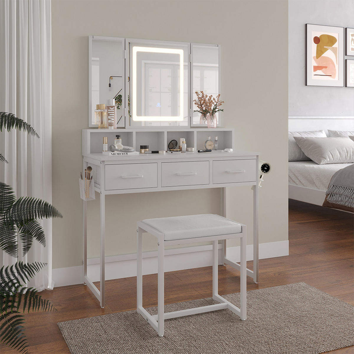 SCHMINKTISCH Mavida Weiß 90 cm mit LED-Spiegel und Hocker - Weiß, Holzwerkstoff (90/137.5/40cm) - Vicco