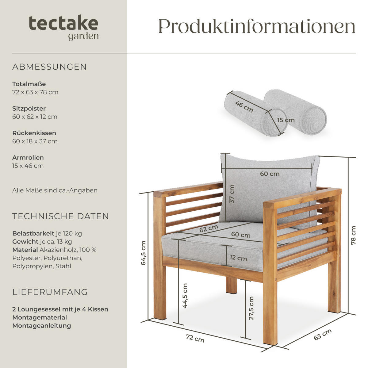 GARTEN-LOUNGESESSEL Boka, 72 x 63 x 64,5 cm, braun - Braun, Holz (72/78/63cm) - tectake