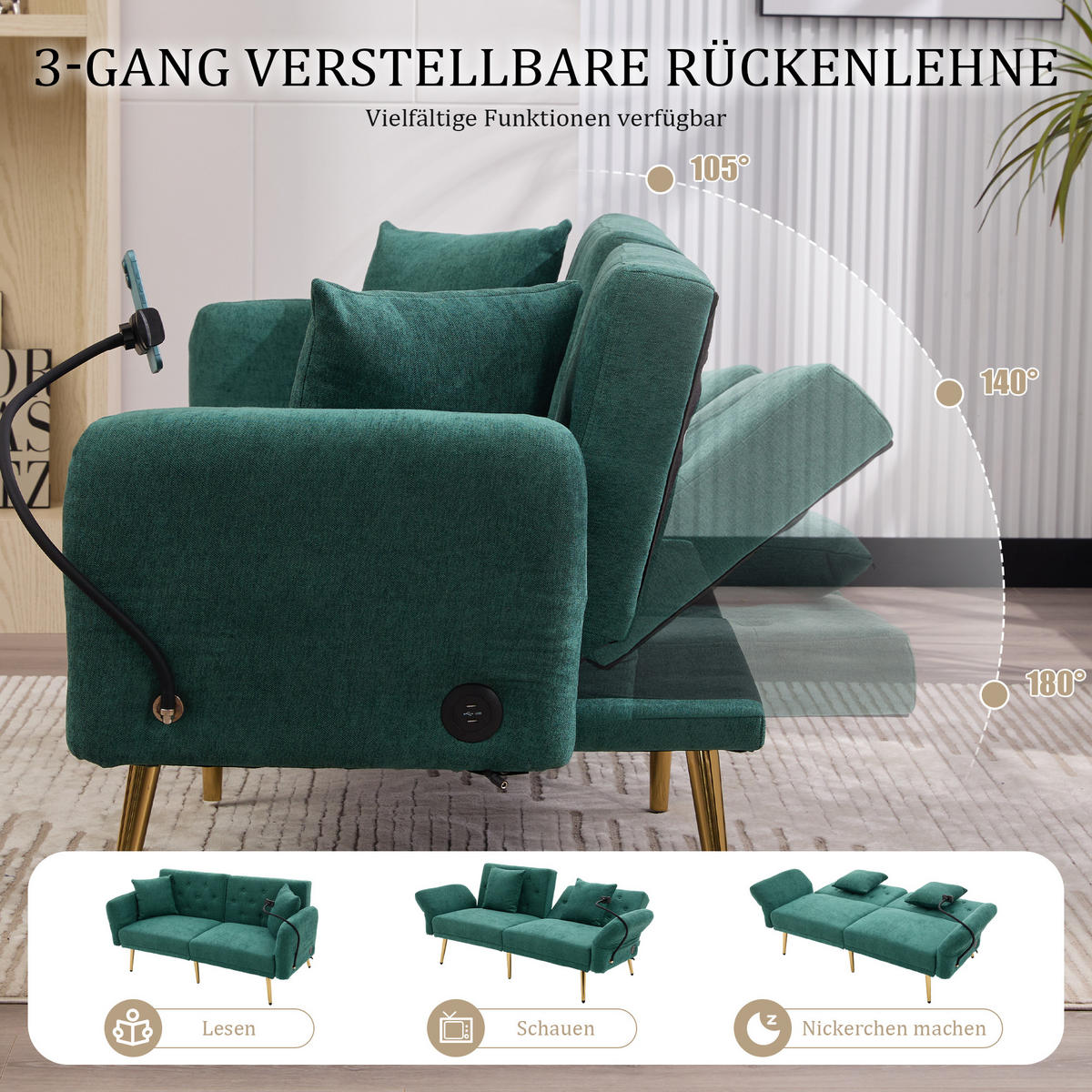 SCHLAFSOFA 2-Sitzer Chenille mit 3-fach verstellbarer Rückenlehne und USB-Anschluss Smaragdgrün 173/78/78 cm - Smaragdgrün, Textil (78/78/173cm)