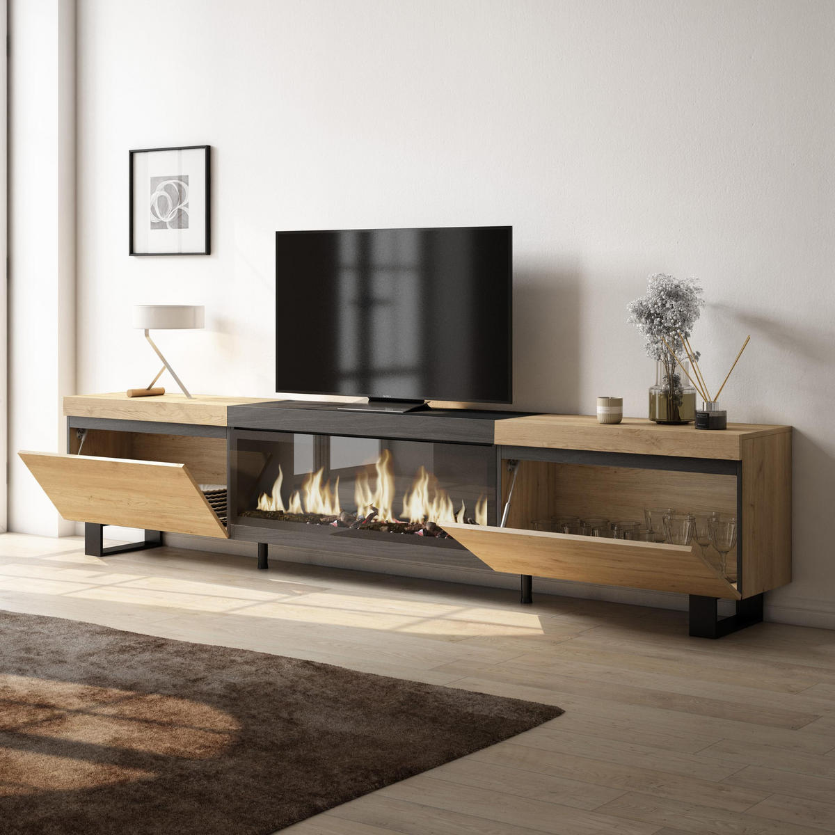TV-SCHRANK Lowboard, Elektrokamin XXL, eiche, schwarz, 267/35/57cm - Eichefarben/Schwarz, Holzwerkstoff (267/57/35cm) - Skraut Home