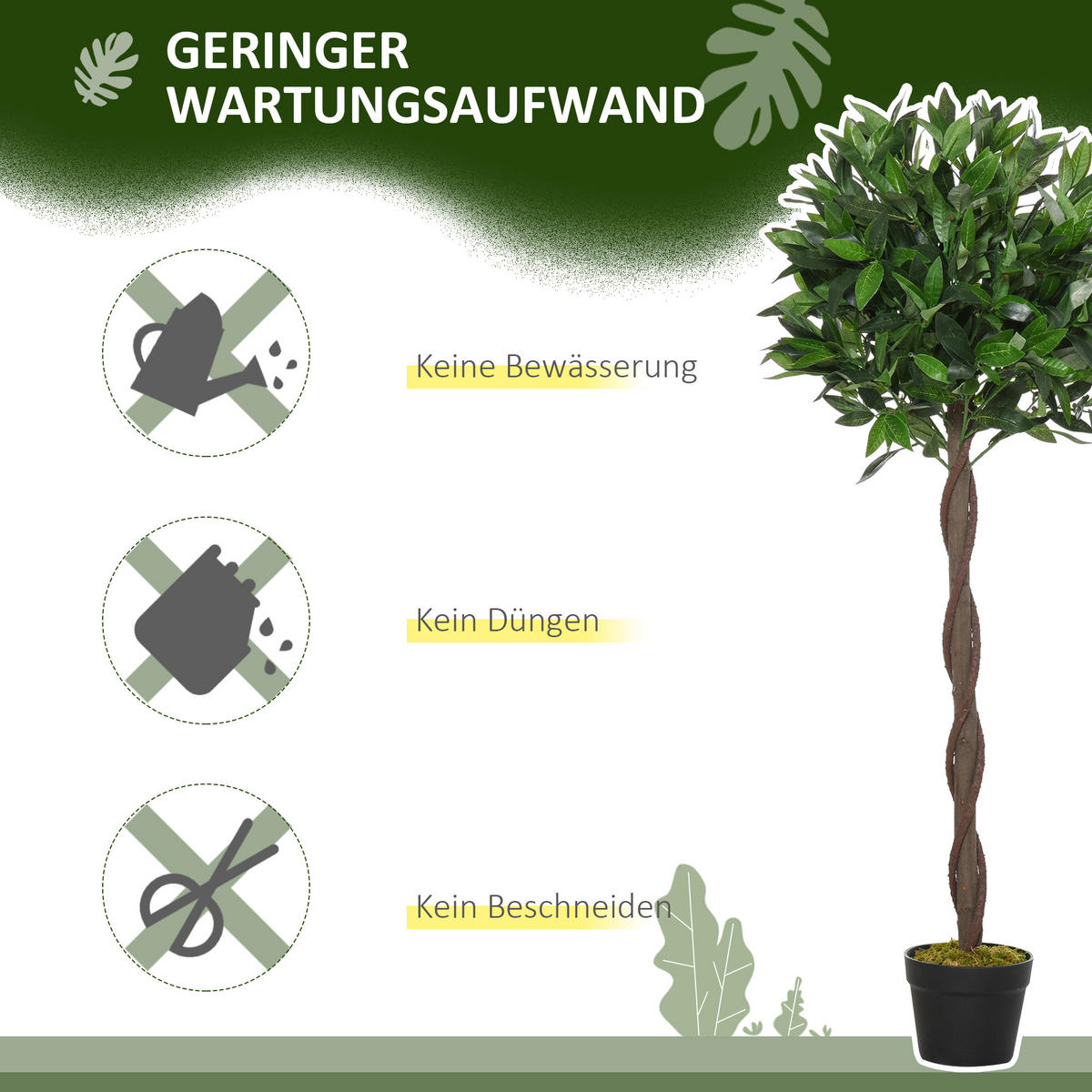 2ER-SET Künstlicher Lorbeerbaum 120cm Kunstpflanzen im Zementtopf, Zimmerpflanze - Schwarz/Braun, Kunststoff (120cm) - Outsunny