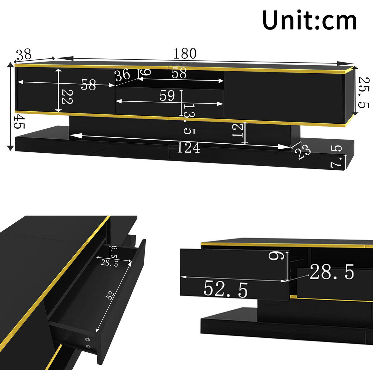 TV-SCHRANK aus Holzwerkstoff 180x38x45 cm Schwarz/Gold mit LED-Beleuchtung, Hochglanzoberfläche und 3 Schubladen - Schwarz, Holzwerkstoff (180/45/38cm) - Modfu