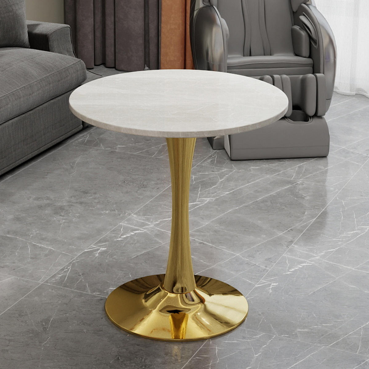 COUCHTISCH 70.1 cm Gold/Weiß aus Kunstmarmor mit runder Tischplatte - Goldfarben, Stein (70/70/72cm) - OKMYHOME