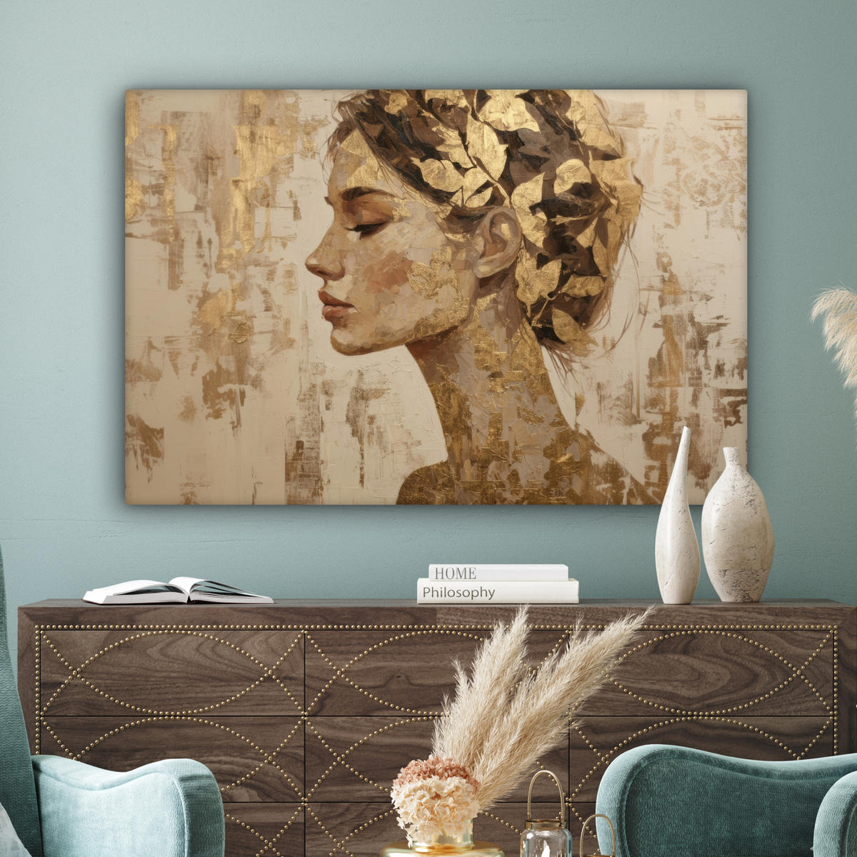 LEINWANDBILD Frau - Gold - Abstrakt - Textur XXL 150x100 cm - Goldfarben, Textil (150/100cm) - MuchoWow