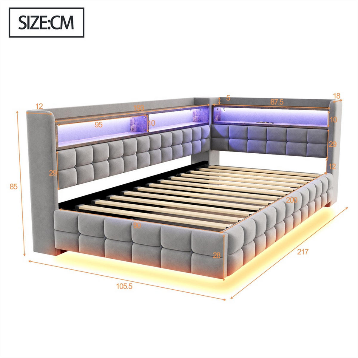 POLSTERBETT 90x200 cm mit hydraulischem Stauraum und Regal - LED Beleuchtung - USB & Typ-C - Hellgrau - ohne Matratze - Hellgrau, Textil (90/200cm) - DELFA