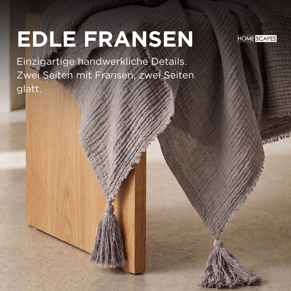 WOHNDECKE Musselin grau mit Quasten - Grau, Textil (127/180cm) - Homescapes