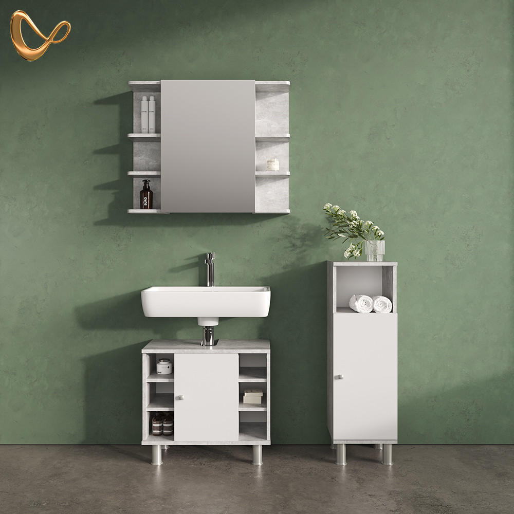 BADMÖBEL-SET Fucino Beton 3 Teile, mit Midischrank - Weiß/Grau, Holzwerkstoff (60/54/32cm) - Livinity®