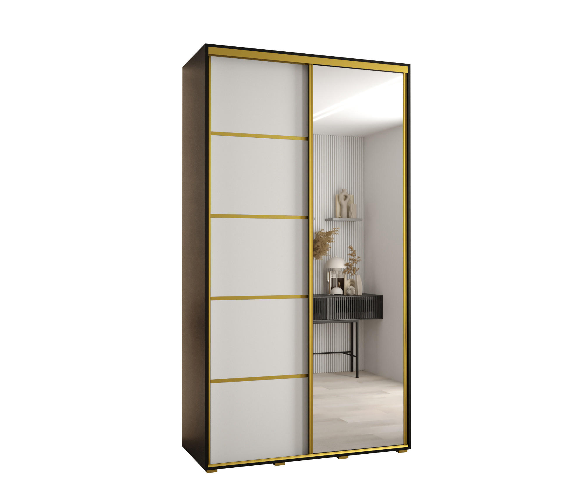 Abiks Möbel Schwebetürenschrank Schwarz, Weiß, Gold 130x235x45 cm