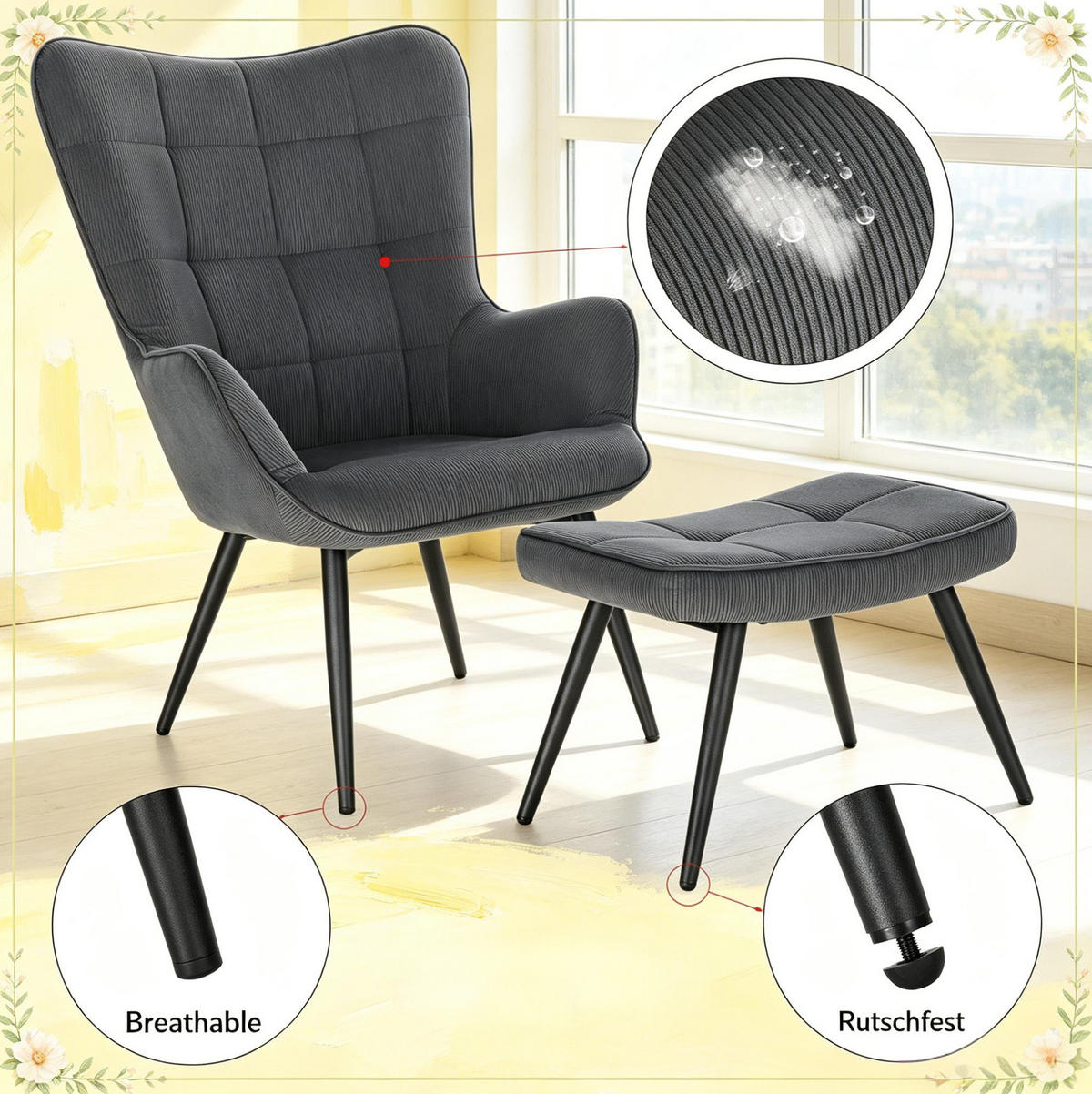 SESSEL mit Hocker 50/49/97 cm in Dunkelgrau aus Cord mit Metallgestell - Dunkelgrau, Textil (68/97/49cm) - BEAOK