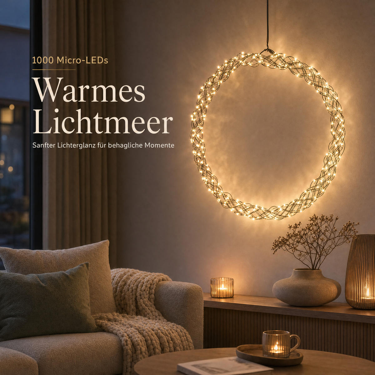 XXL-LED-LICHTKRANZ - 1000 Micro LEDs warmweiß mit Timerfunktion und IP44 für Innen- und Außenbereich, 50 cm - Schwarz, Metall (50/5/50cm) - Northpoint