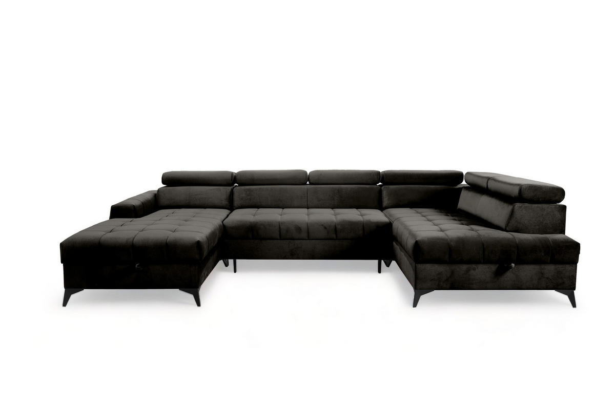 WOHNLANDSCHAFT Arkucio U Schwarz 345/200/95 cm – großes Sofa mit Schlaffunktion L - Schwarz, Textil/Metall (200/95/345cm) - AX Living