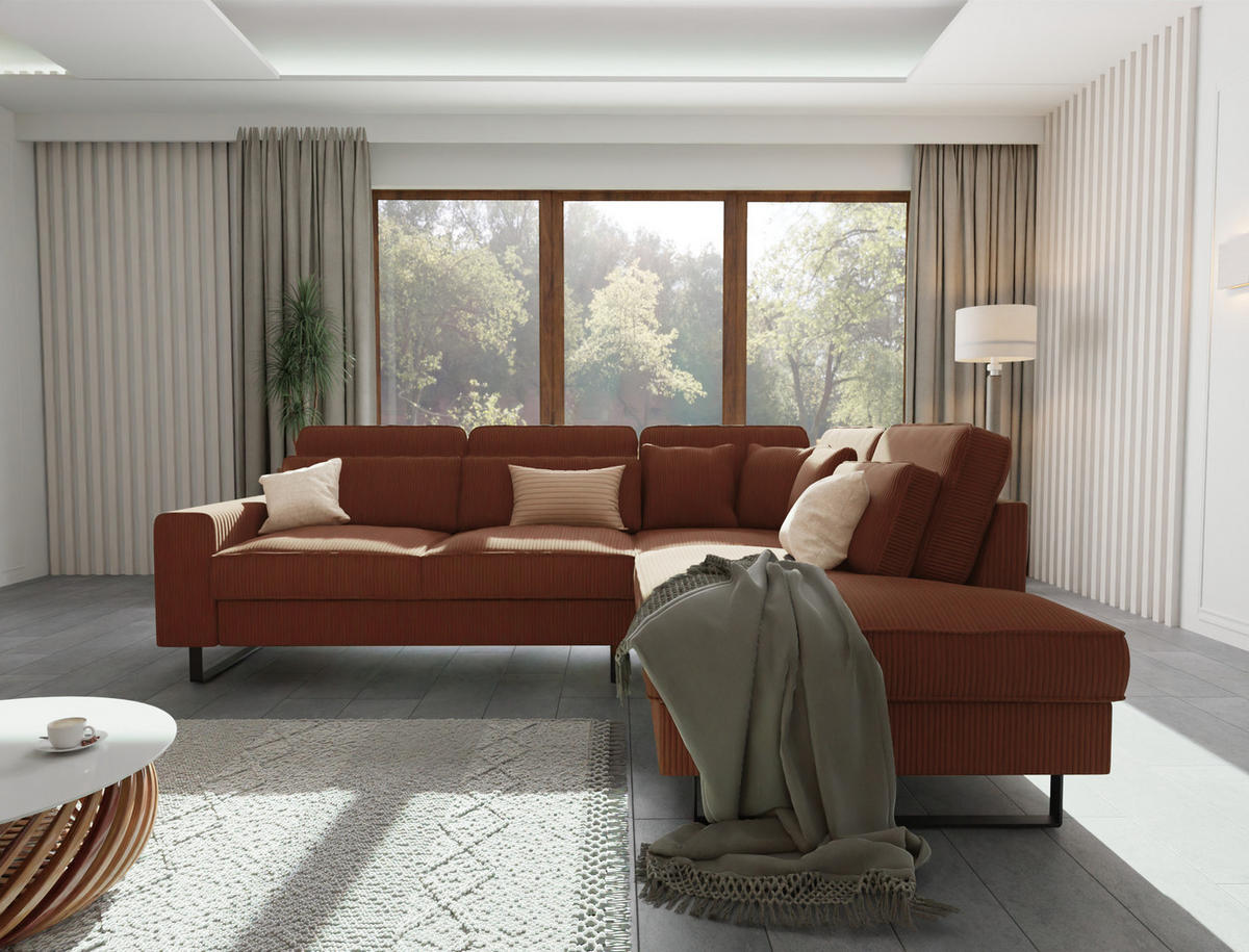 ECKSOFA Floe Terrakotta Cord - Terracotta/Schwarz, Holz/Kunststoff (290/231cm) - S-Style Möbel