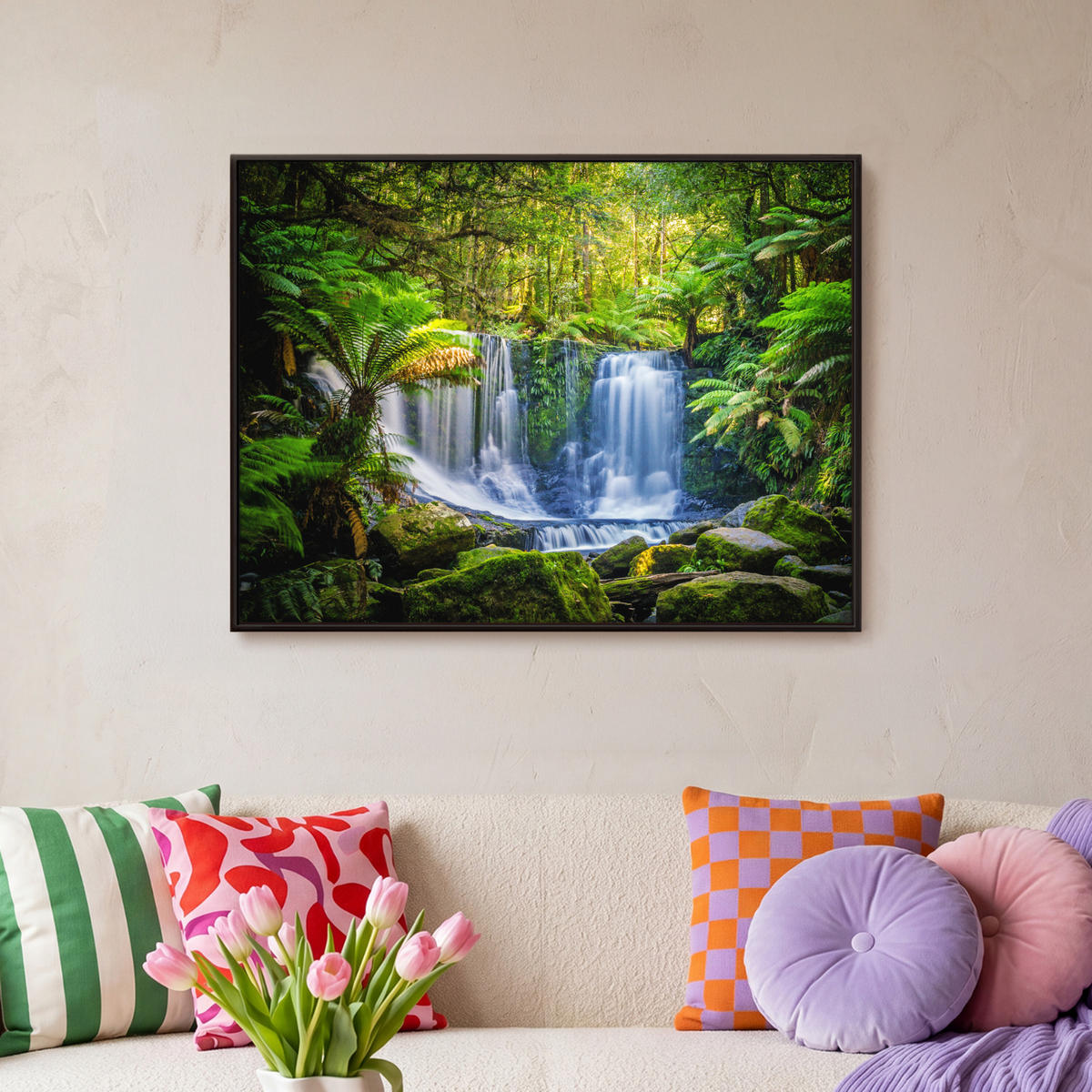 LEINWAND Bilder mit Rahmen - Dschungel - Wasserfall - Australien - Pflanzen - Natur - 70x50 - Dunkelgrün, Textil (70/50cm) - MuchoWow