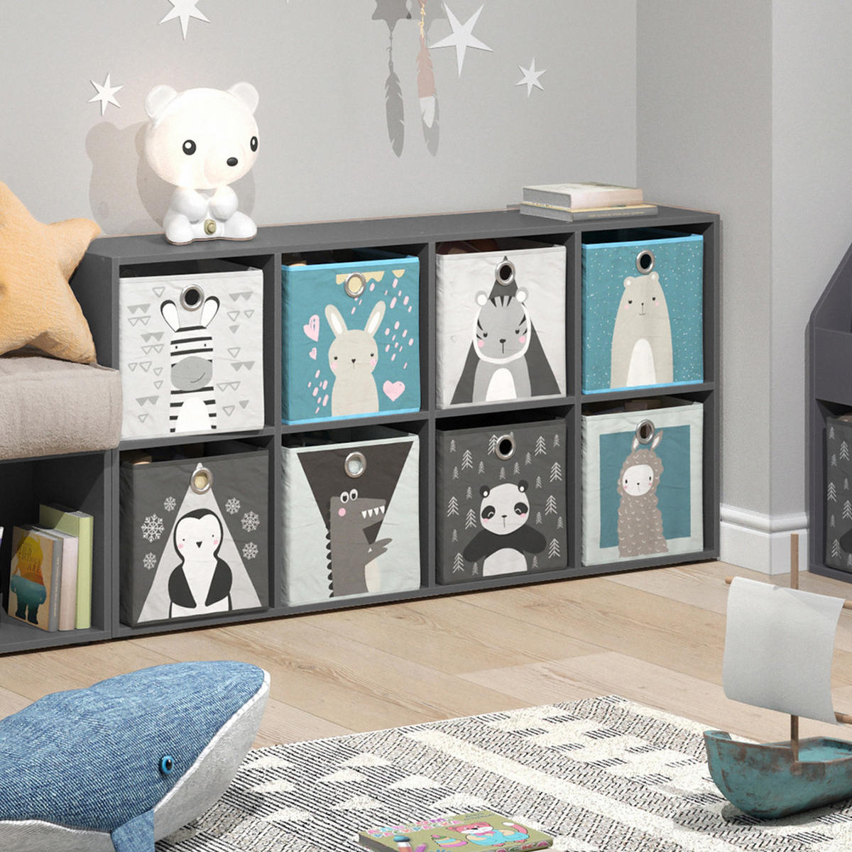 KINDERREGAL Scutum Grau 143 x 72 cm mit 8 Faltboxen - Grau, Holzwerkstoff (143/72/29cm) - Vicco