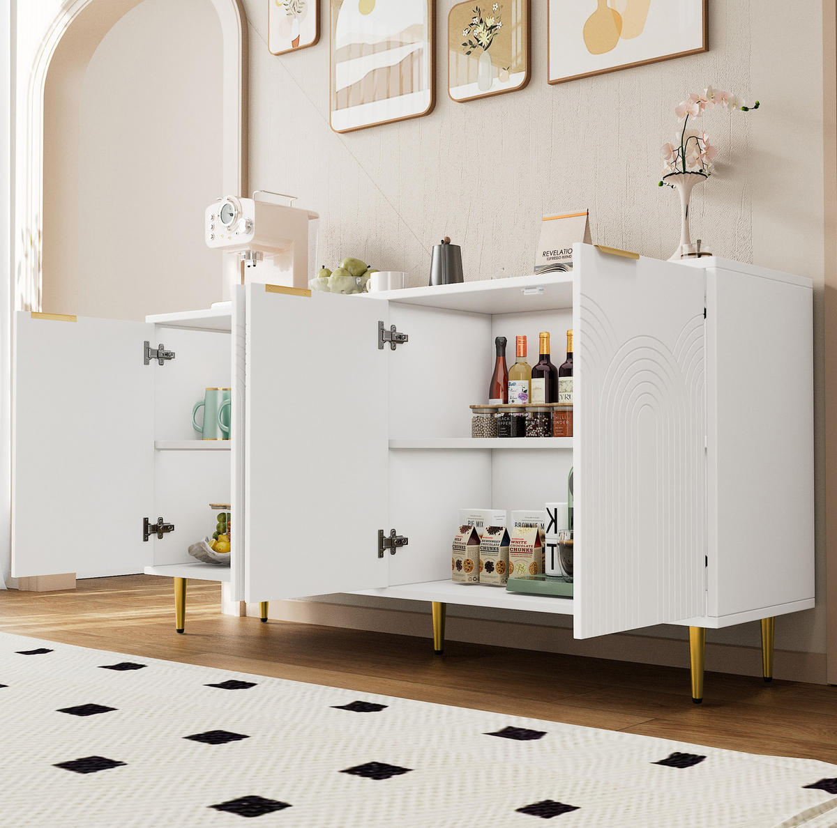 SIDEBOARD 160/40/80 cm mit 4 Türen in Weiß mit goldfarbenen Griffen - Weiß, Holzwerkstoff (160/80/40cm) - BEAOK