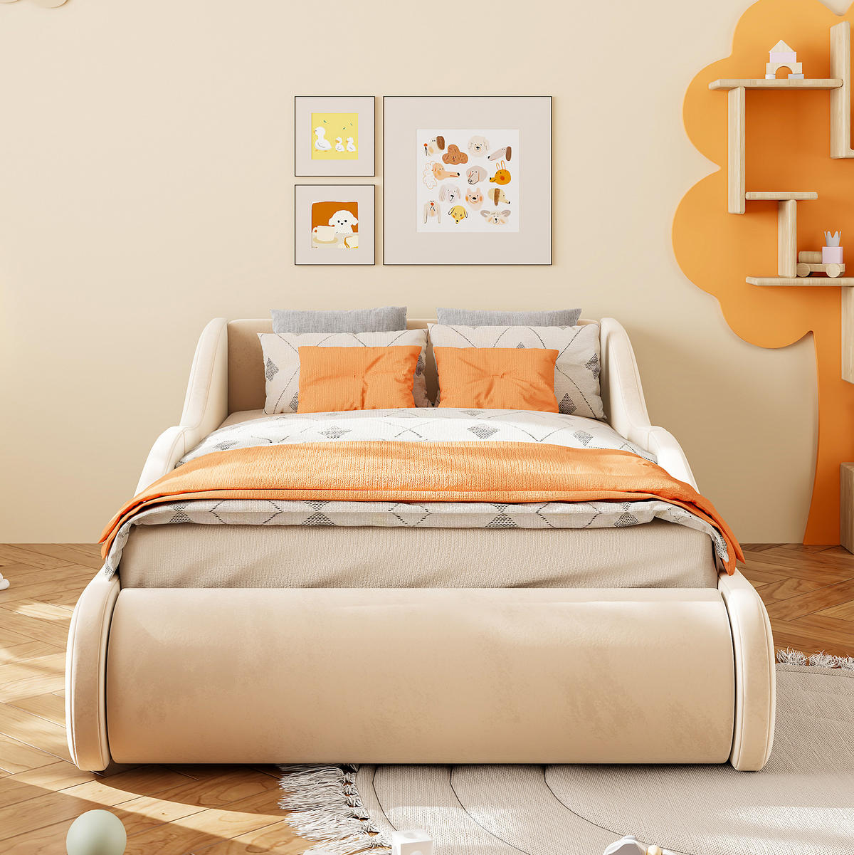 POLSTERBETT 90/200 cm in Beige mit Seitenschutz und gepolstertem Kopfteil - Beige, Textil (90/200cm) - Flora Grace