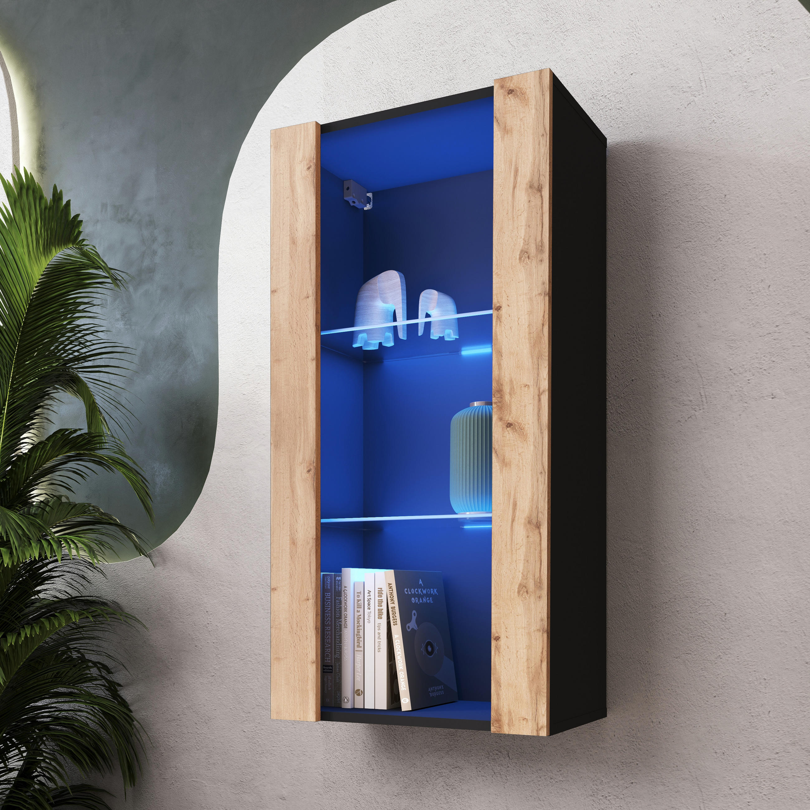 HÄNGEVITRINE TIVOLI Vertical 100, Wotan, LED Blau - Eiche Wotan/Schwarz, Glas/Holzwerkstoff (50/100/29.5cm) - Komodee