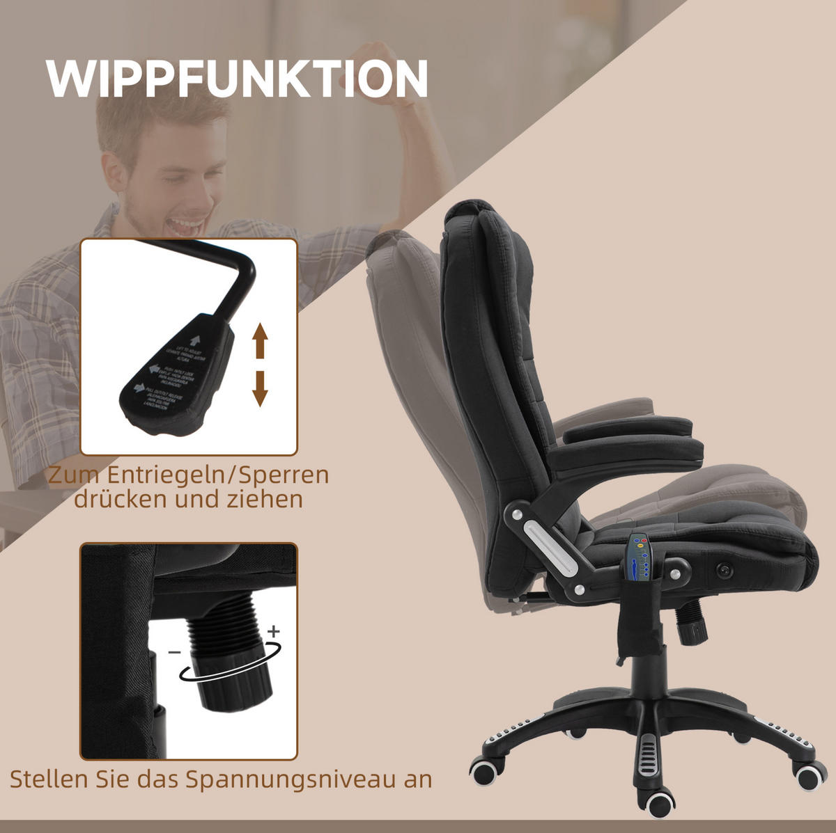 BÜROSTUHL mit Massagefunktion höhenverstellbar Schwarz - Schwarz, Kunststoff (72/120/68cm) - Meubliv
