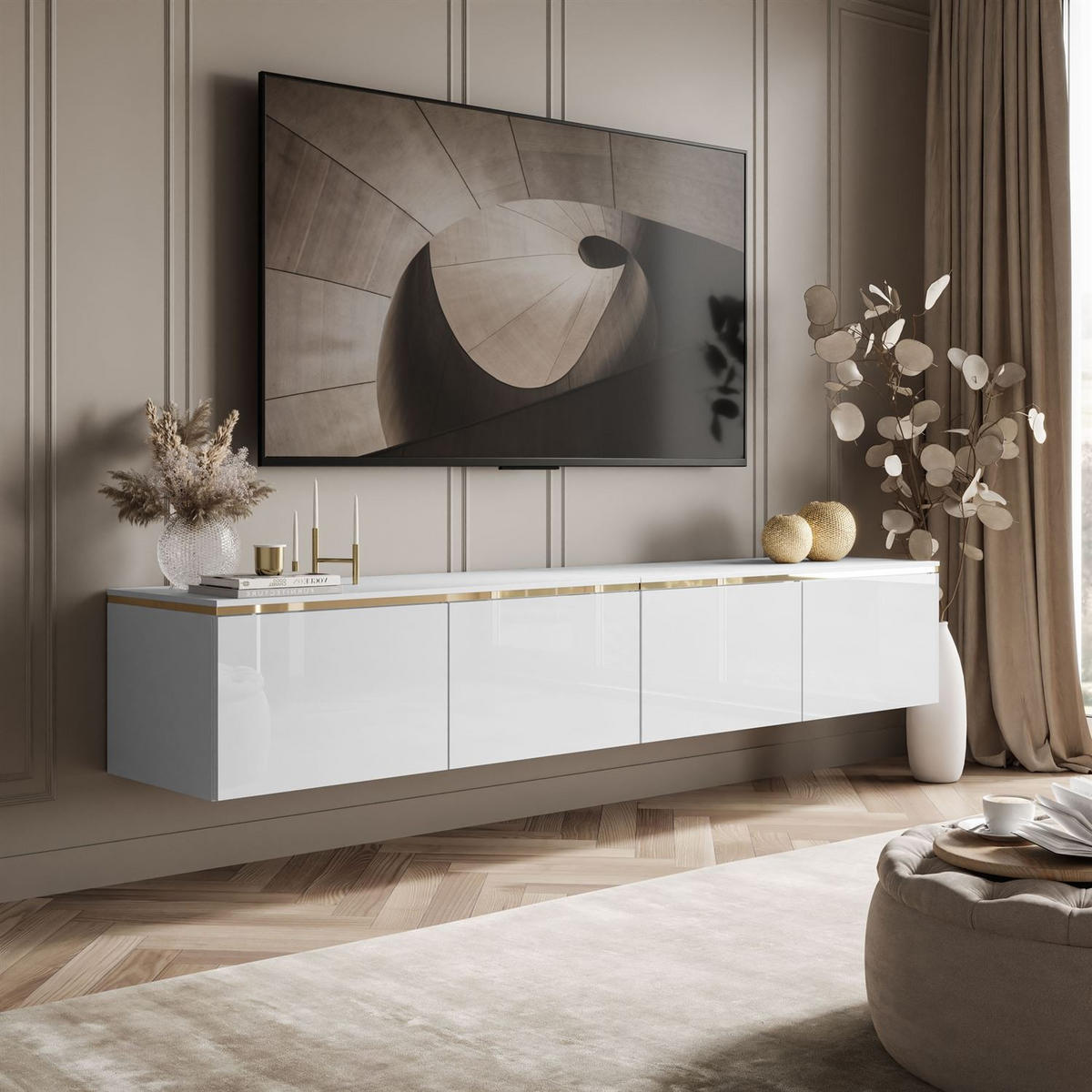 TV-RACK CELINE GLOSS 200 cm mit LED-Beleuchtung (hängend) - Weiß, Holzwerkstoff (200/35/40cm) - Lookway