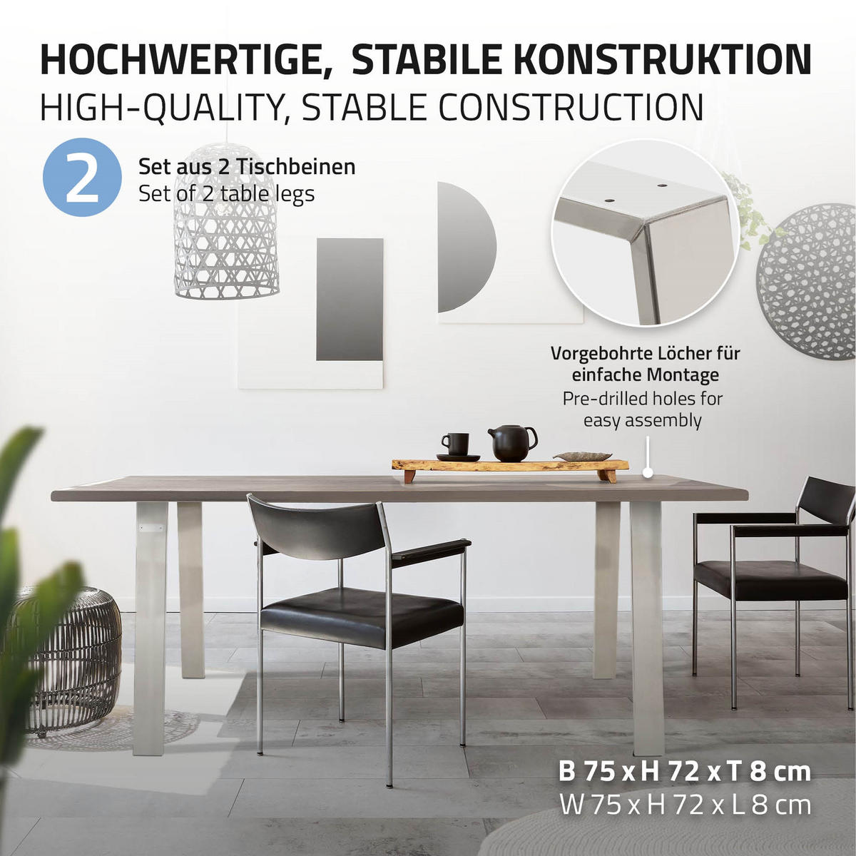 TISCHBEINE 2er Set Loft 75 x 72 cm Silber - Silberfarben, Metall (75/8/72cm) - ML-DESIGN