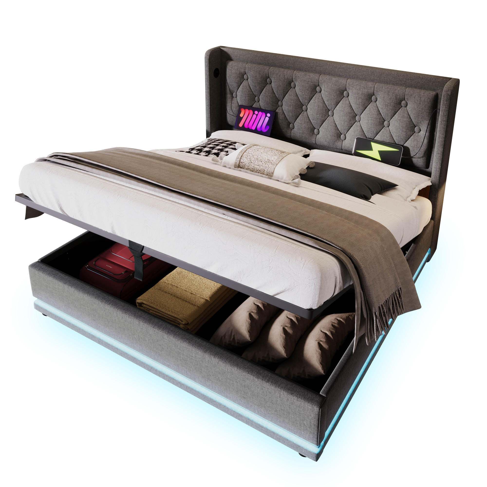 POLSTERBETT 160/200 cm Grau Baumwolle mit hydraulischem Stauraum und LED-Beleuchtung - Grau, Textil (160/200cm) - OKWISH
