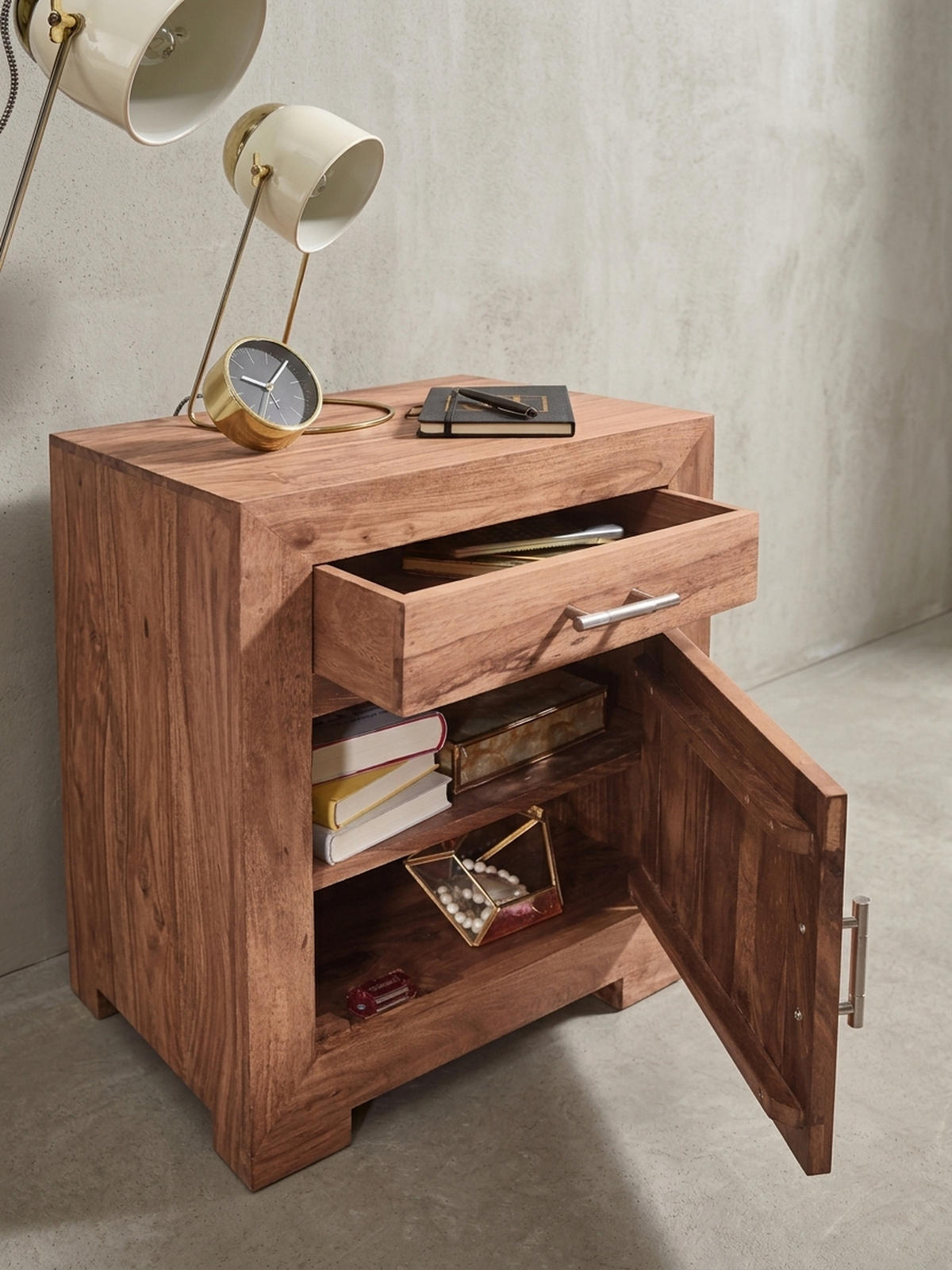NACHTTISCH Massivholz Schublade Tür Landhausstil, Beige 50x40x60 cm - Beige, Holz/Metall (50/60/40cm) - KADIMA DESIGN