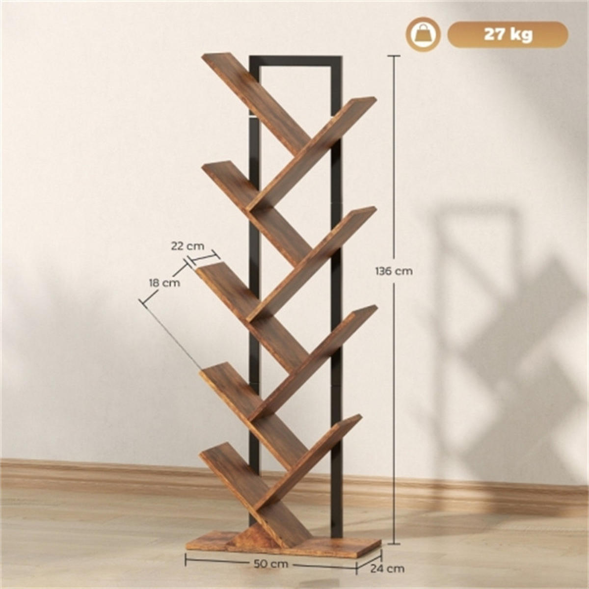 BÜCHERREGAL baumförmig, 9 Ebenen schmales Standregal rustikal braun, Maße 50 x 24 x 136 cm - Braun, Holz (50/136/24cm) - AKL FURNITURE