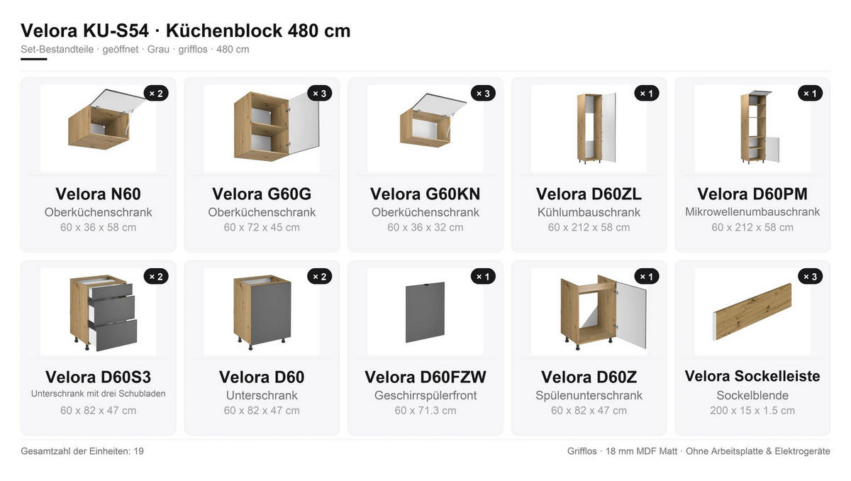 KÜCHENZEILE – Küchenblock 480 cm VELORA – KU-S54 – Grau - Grau, Holzwerkstoff (480/248/58cm) - hi-markt