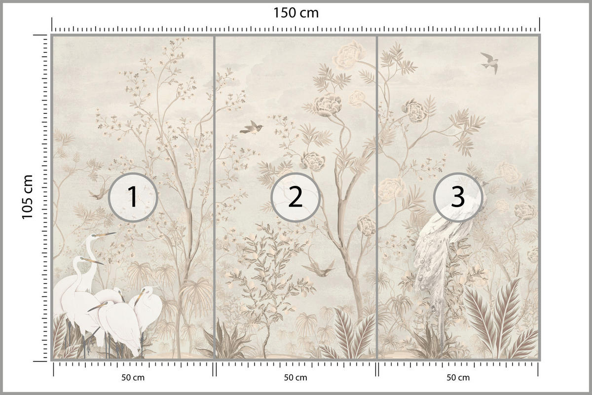 FOTOTAPETE für Esszimmer Weiße Vögel Bäumen Natur Kräne Blumen 150x105 - Beige, Papier (150/105cm) - Muralo