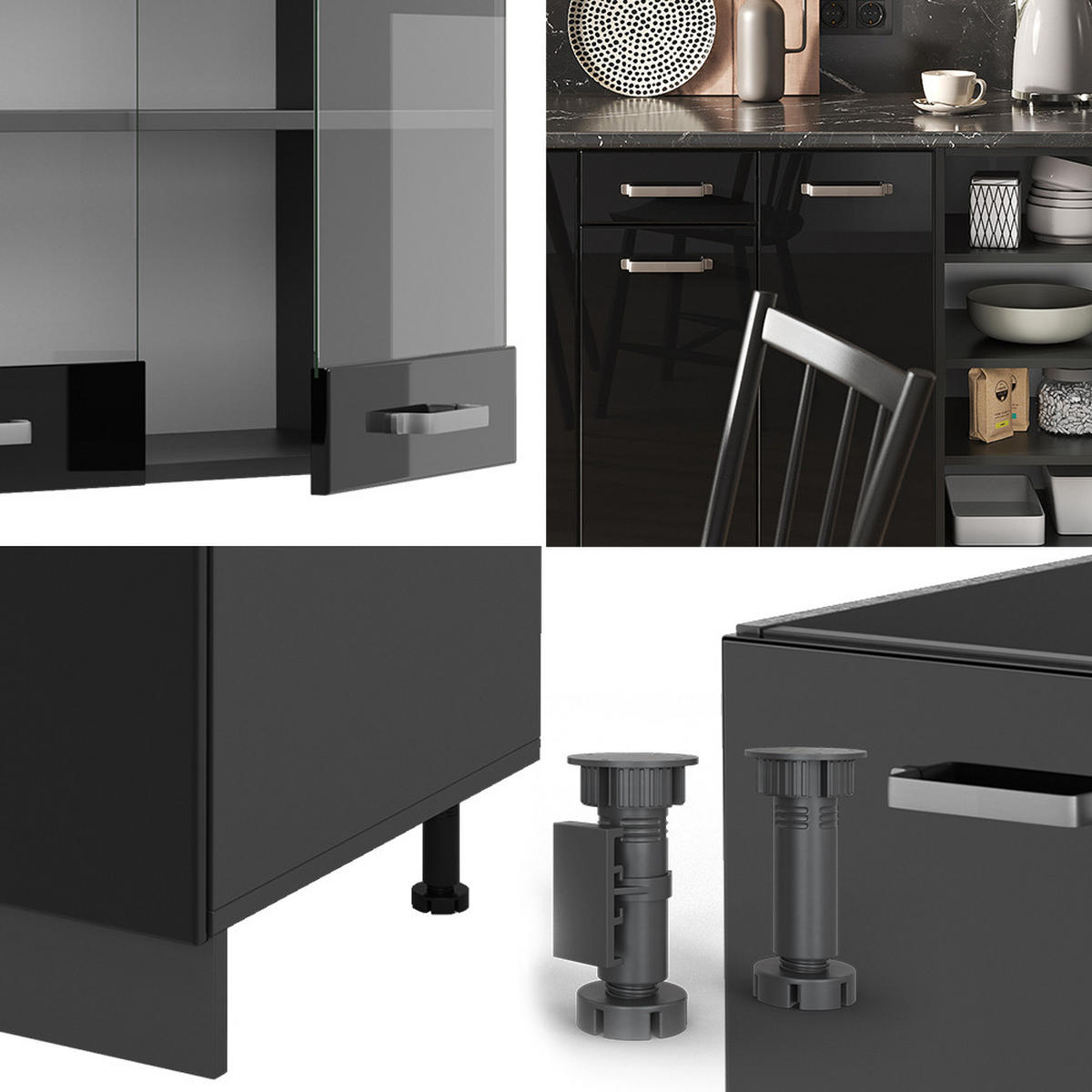 KÜCHENZEILE R-Line Schwarz Hochglanz/Anthrazit 240 cm, AP Eiche - Schwarz Hochglanz/Anthrazit, Holzwerkstoff (240/81.6/60cm) - Vicco