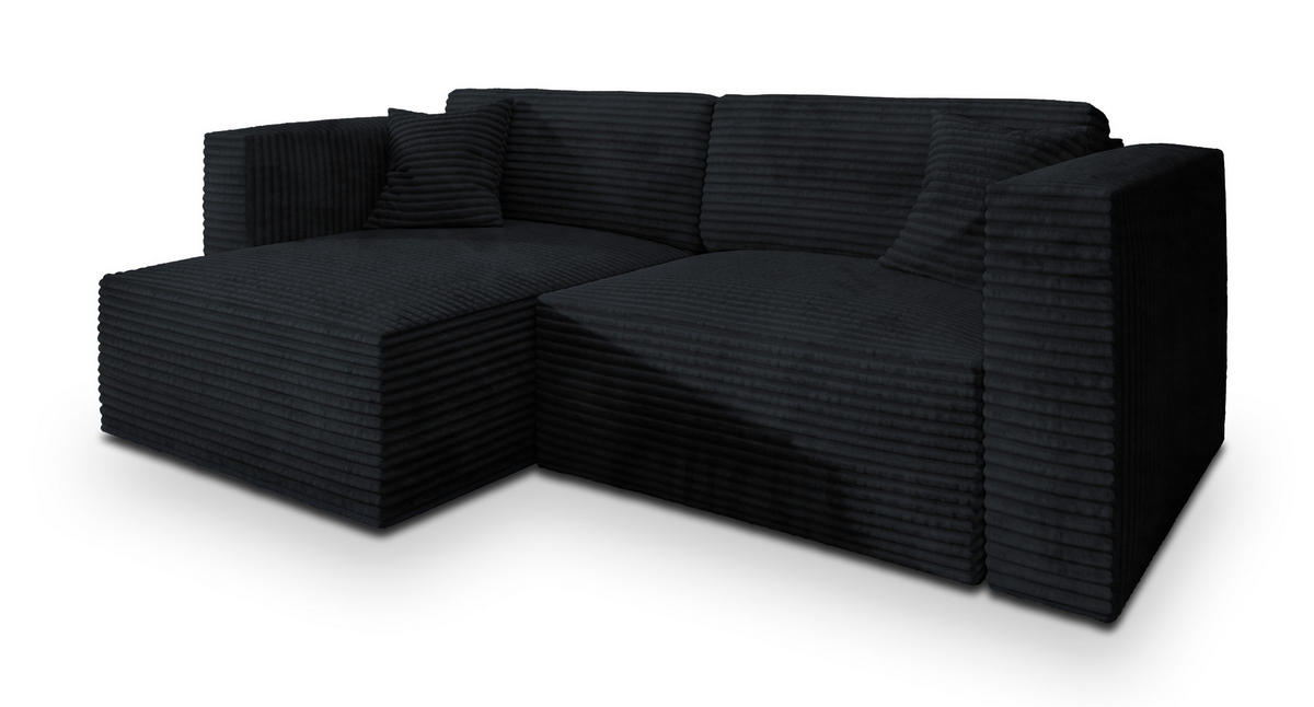 ECKSOFA NERIO Schwarz Kordstoff mit Schlaffunktion - Schwarz, Holz (245/148cm) - MASSENO