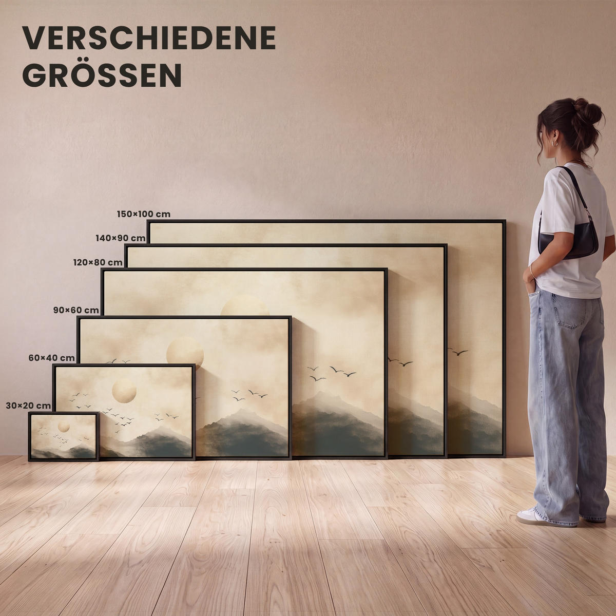 LEINWAND Bilder mit Rahmen - Landschaft - Japandi - Vogel - 60x40 - Beige, Textil (60/40cm) - MuchoWow