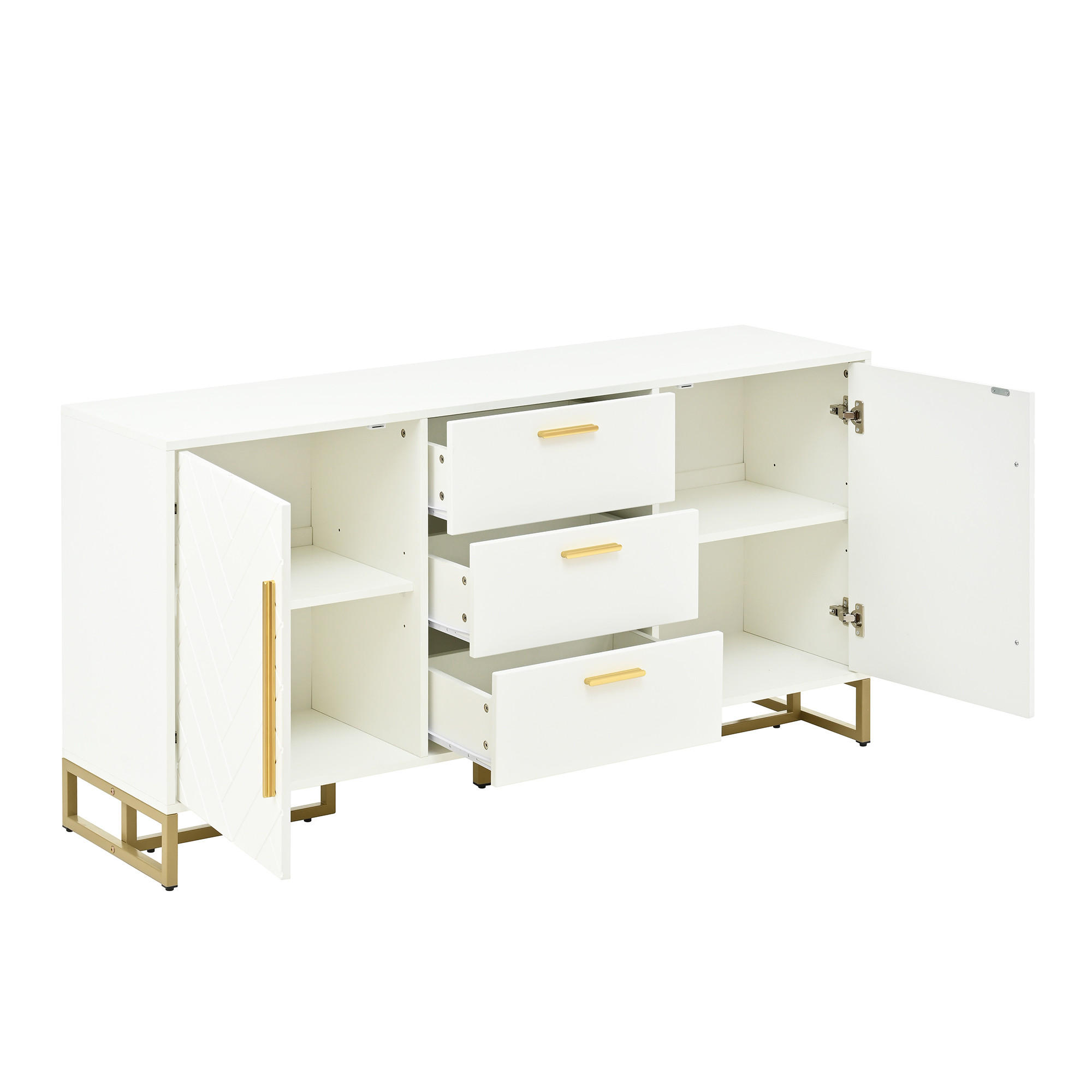 SIDEBOARD 145/40/75 cm weiß aus MDF-Holzwerkstoff mit Fischgrätenmuster und 3 Schubladen - Weiß, Holzwerkstoff (145/75/40cm) - OKWISH