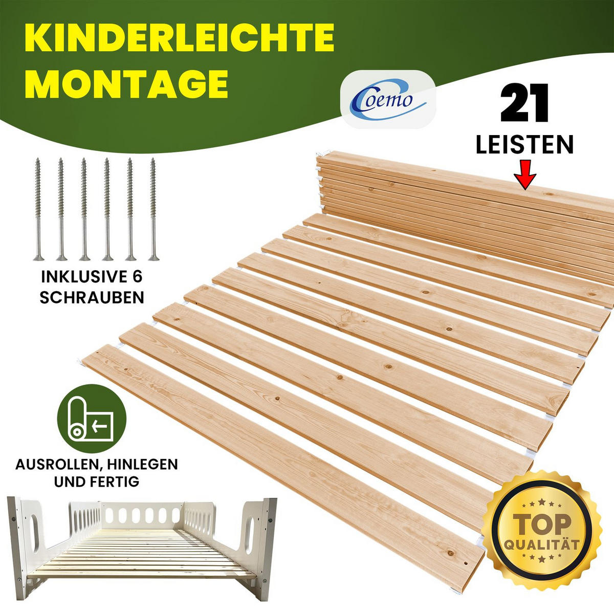 ROLLROST ROMO Lattenrost Massivholz 90x200 cm - Naturfarben, Holz (90/200cm) - Coemo