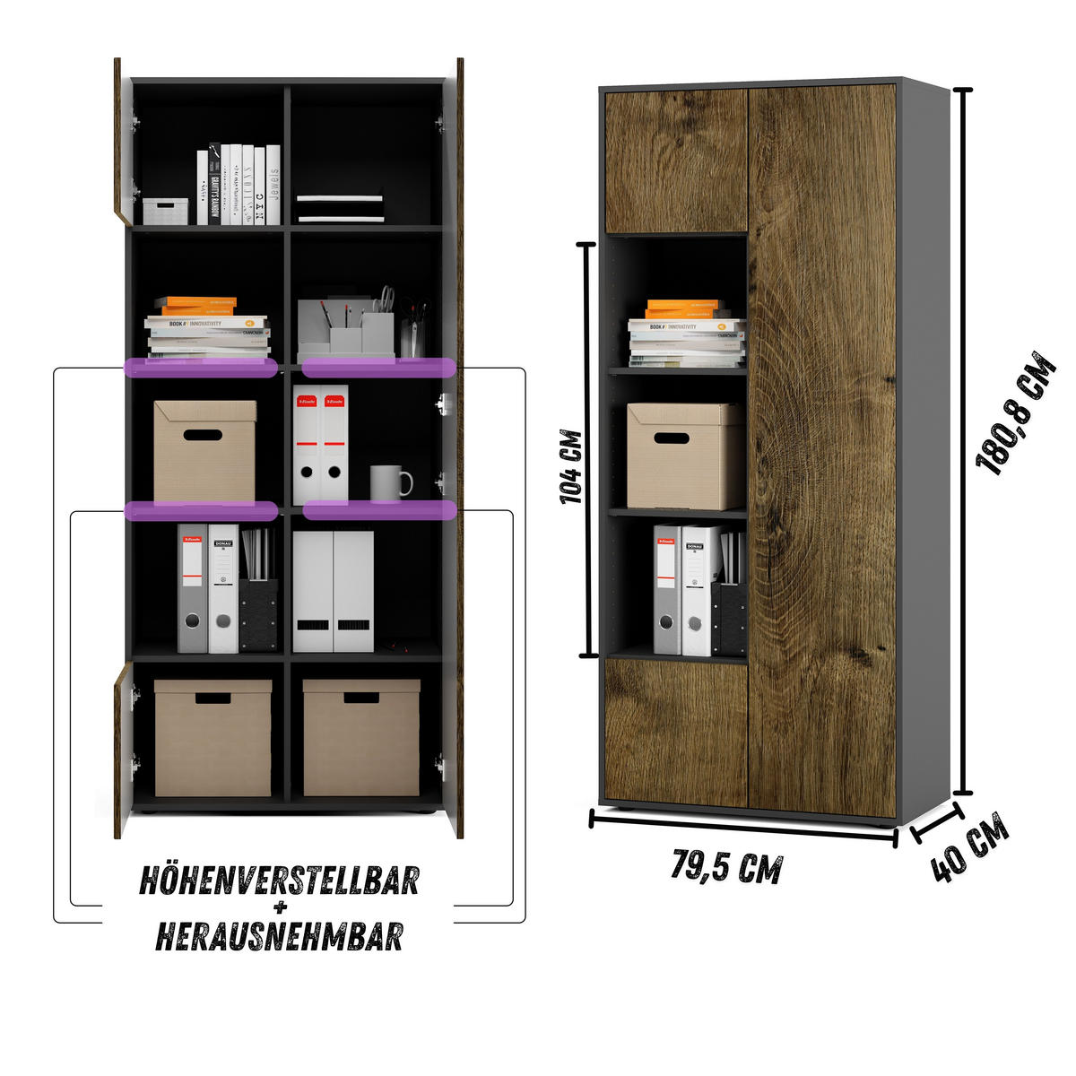 AKTENSCHRANK Amira T30 Eiche Ribbeck 180/80/40 cm - Alteiche, Holzwerkstoff (80/180/40cm) - SIMPLYFURN