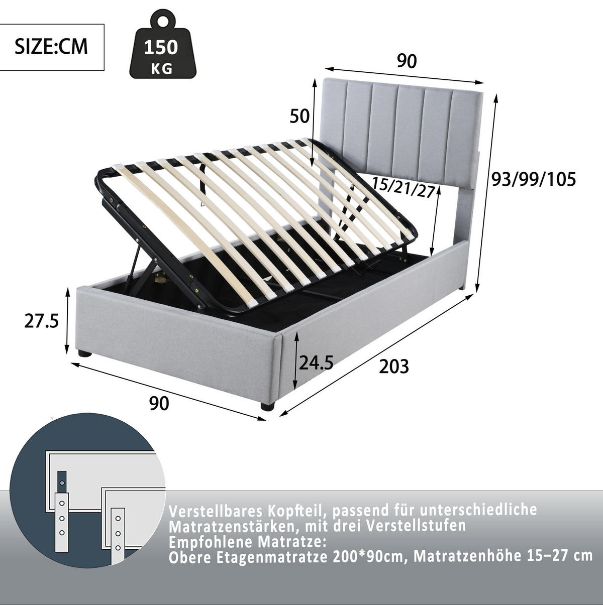 TAPECIRANI dječji krevet 90/200 cm sivi od lana s hidrauličnim spremištem - siva, tekstil (90/200cm) - OKWISH