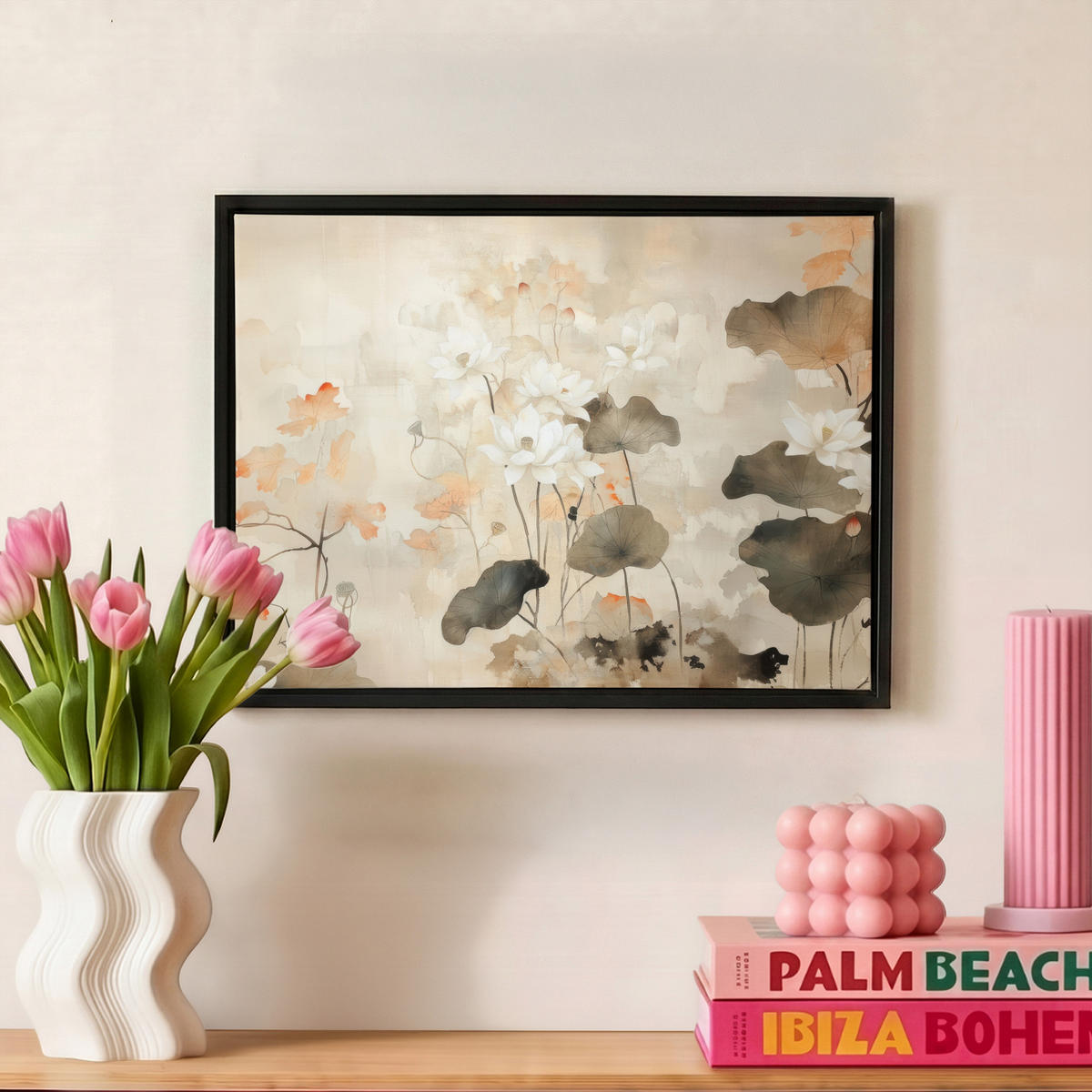 LEINWAND Bilder mit Rahmen - Blumen - Japandi - Wabi sabi - 40x30 - Sandfarben, Textil (40/30cm) - MuchoWow