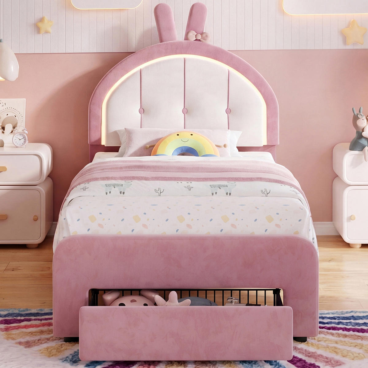 KINDERBETT 90 x 200 cm mit LED Hasenohren Kopfteil,Polsterbett mit Lattenrost, Samtstoff, Mit Schubladen,für Kinder, Mädchen - Pink, Holz/Holzwerkstoff (90/200cm) - BursDany