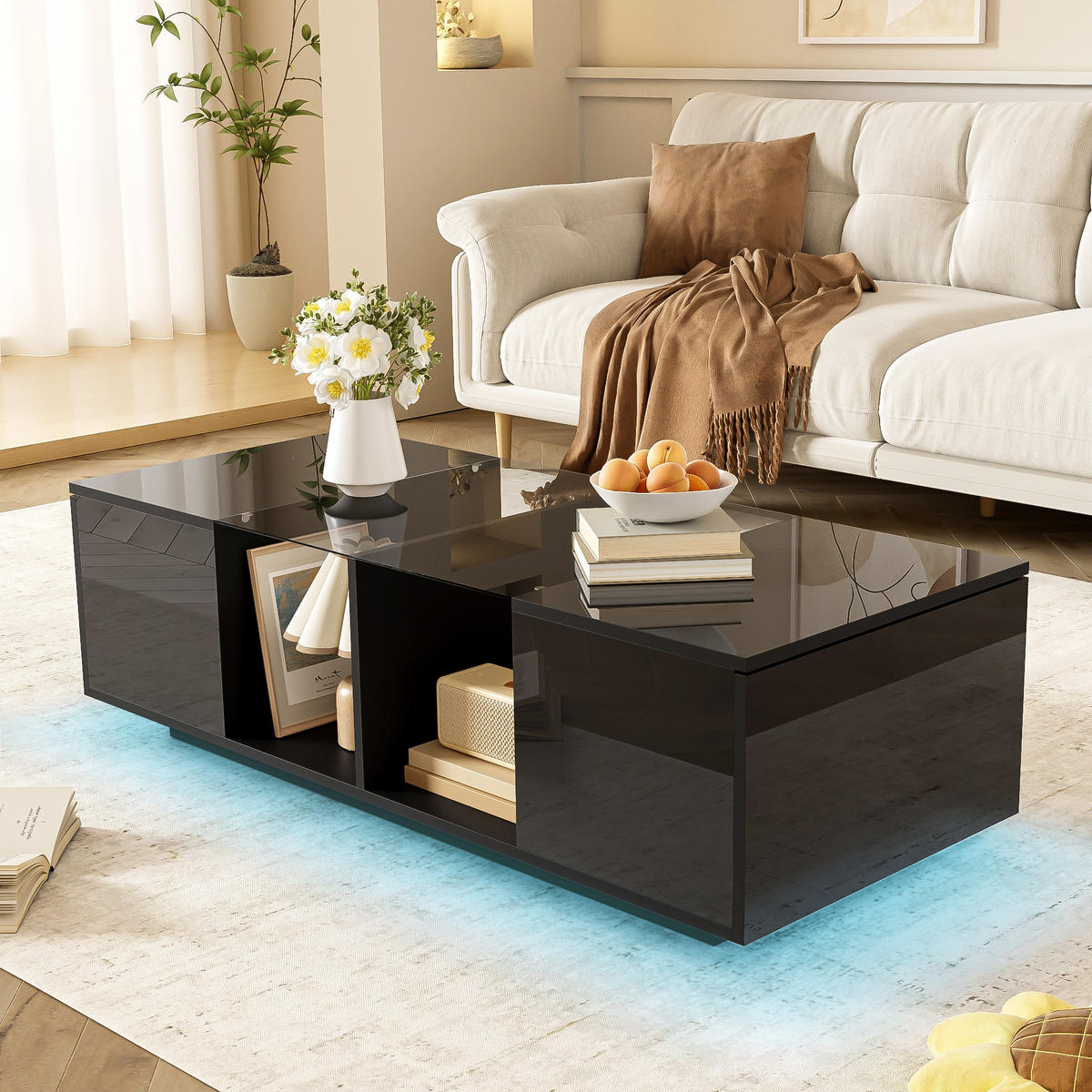 COUCHTISCH LED-Beleuchtung Hochglanz Schwarz Glas & MDF 120x50cm - Schwarz, Holz (129.49/59.51/14.99cm) - FLIEKS