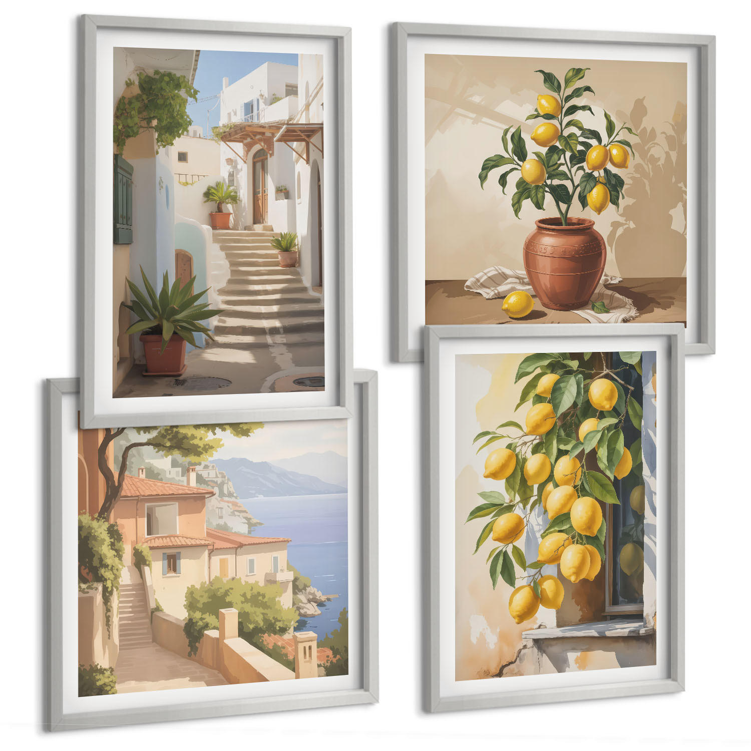 BILDER SET 4er Set - 50x50 cm & 40x60 cm Silberner Rahmen - Lemon Streets Meerblick - Silberfarben, Kunststoff (50/50cm) - TULUP