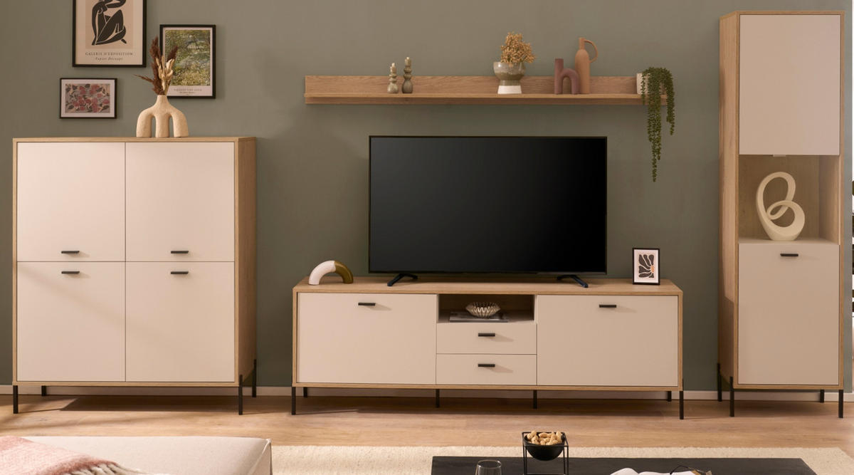 WOHNWAND Kaschmir, Eiche 384 cm Set 4-teilig, Wohnkombination mit Soft-Close - Kaschmir/Eichefarben, Glas/Holzwerkstoff (384/204/40cm) - Furn.Design