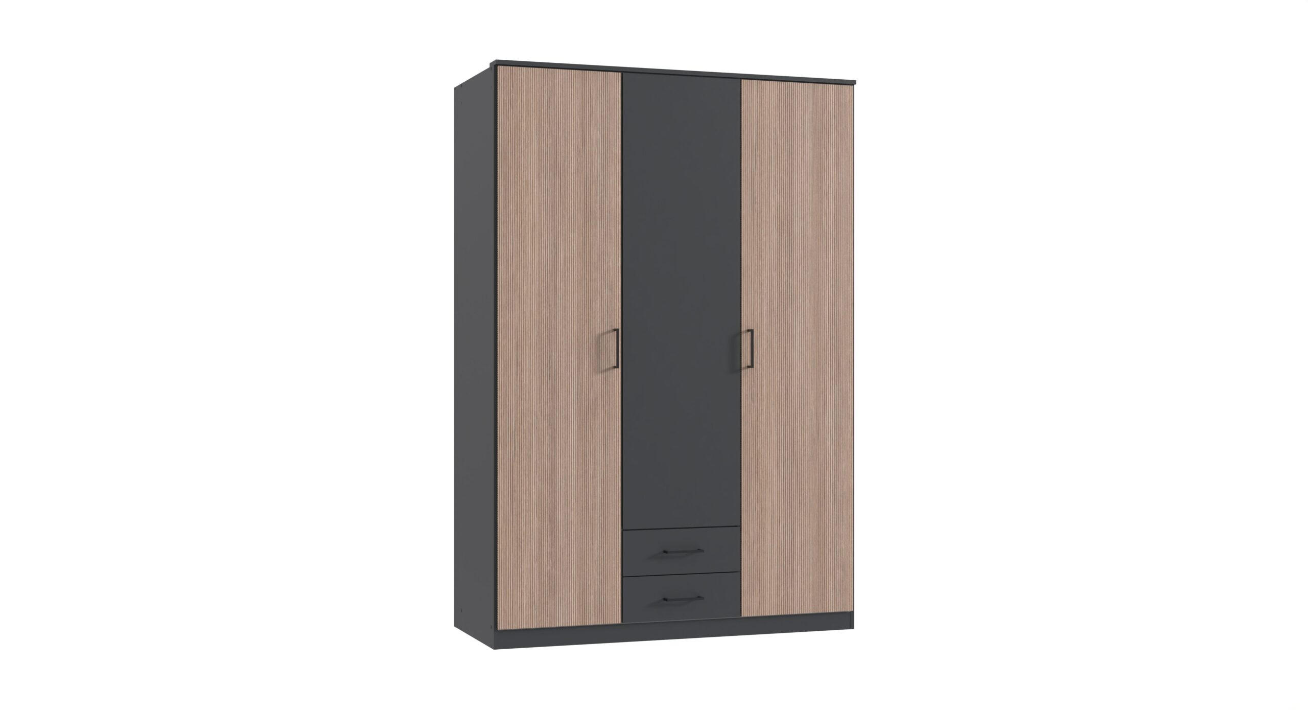KLEIDERSCHRANK Fulda in Grafit und Multiplex 135x199x58 cm (BxHxT) – Drehtürenschrank 3 türig ohne Glasfront - Braun/Grau, Holzwerkstoff (120/200/80cm)